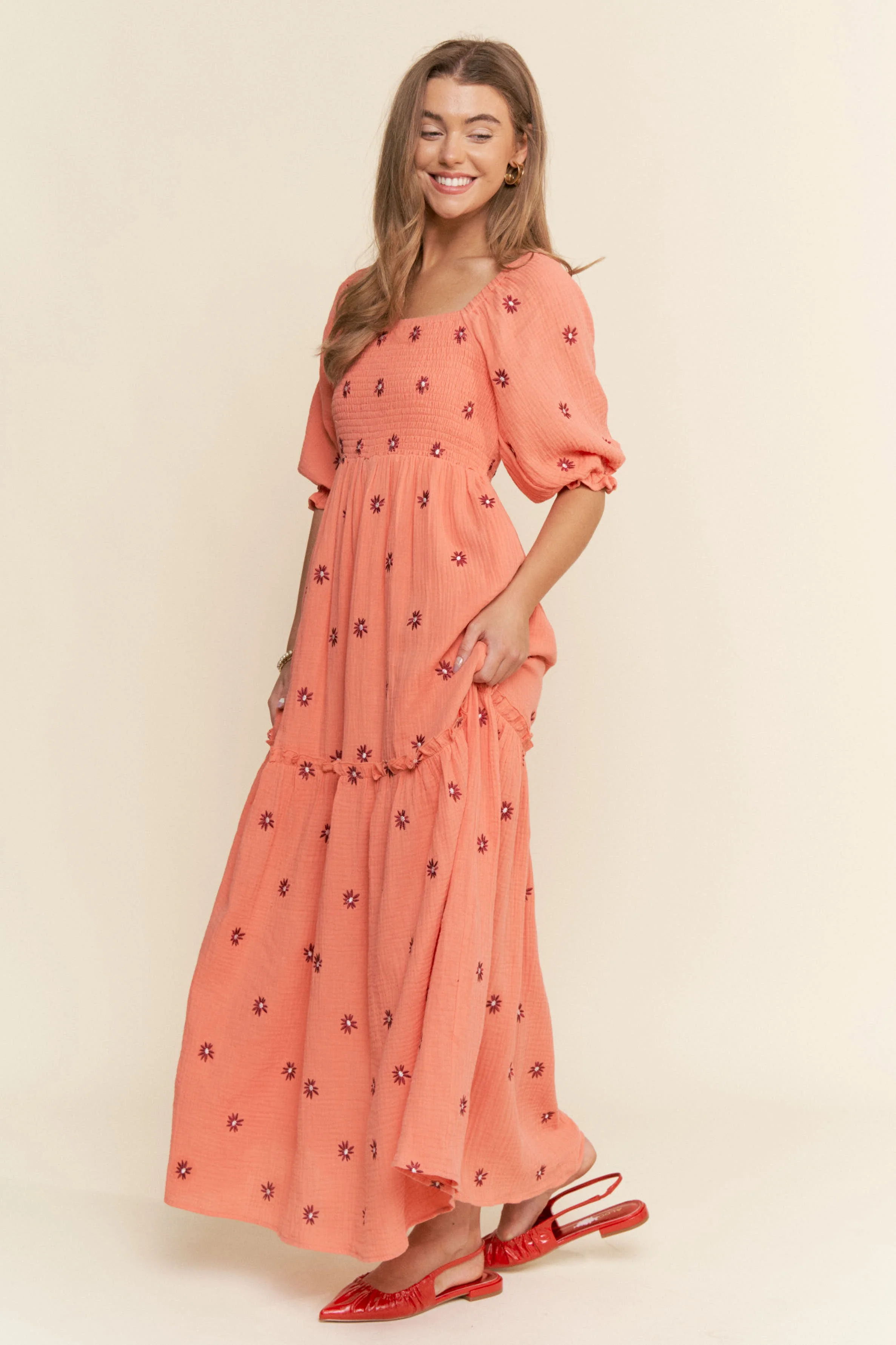 Orange Floral Smocked Puff Sleeve Maxi Dress - Image 2