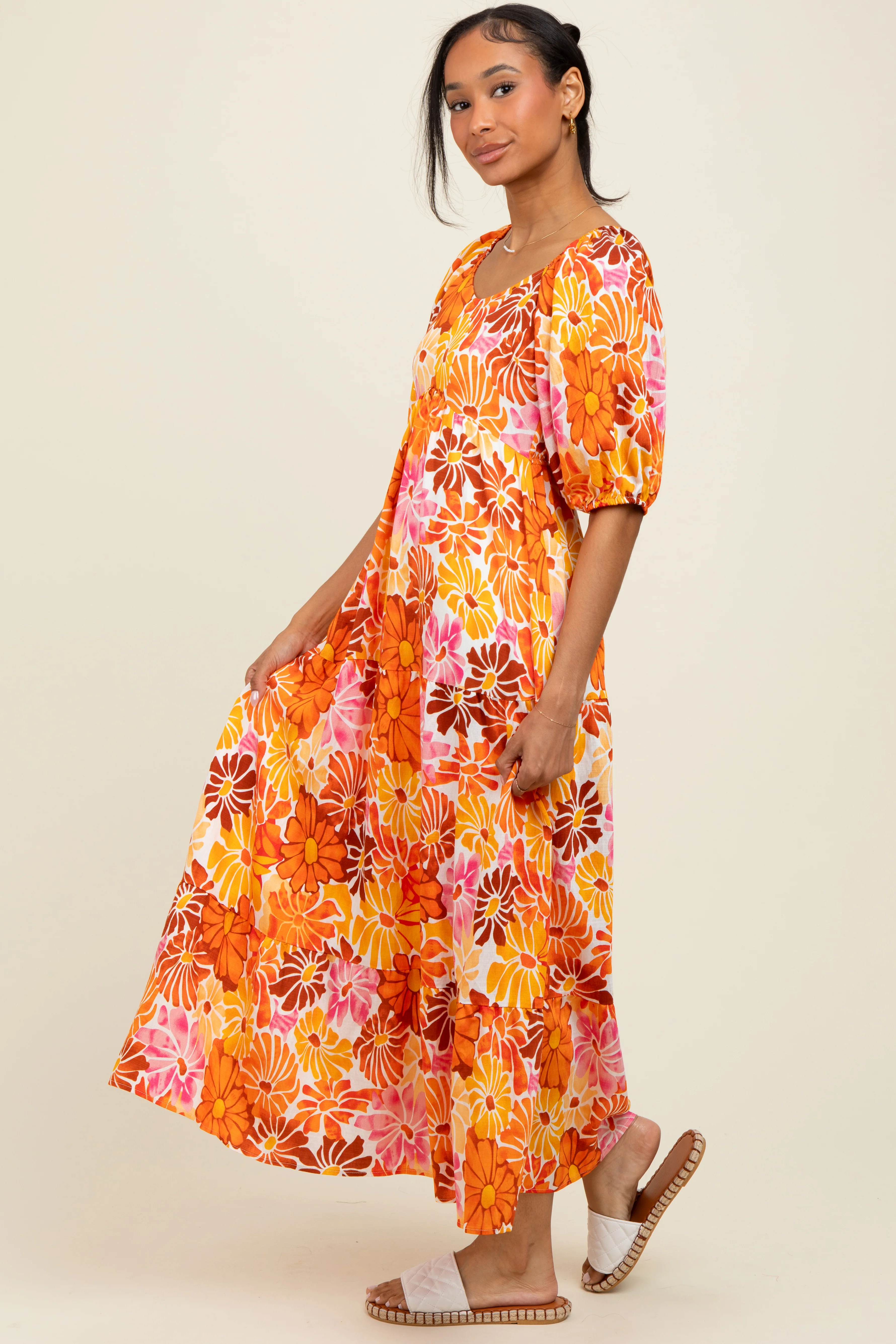 Orange Floral Tiered Puff Sleeve Midi Dress - Image 2