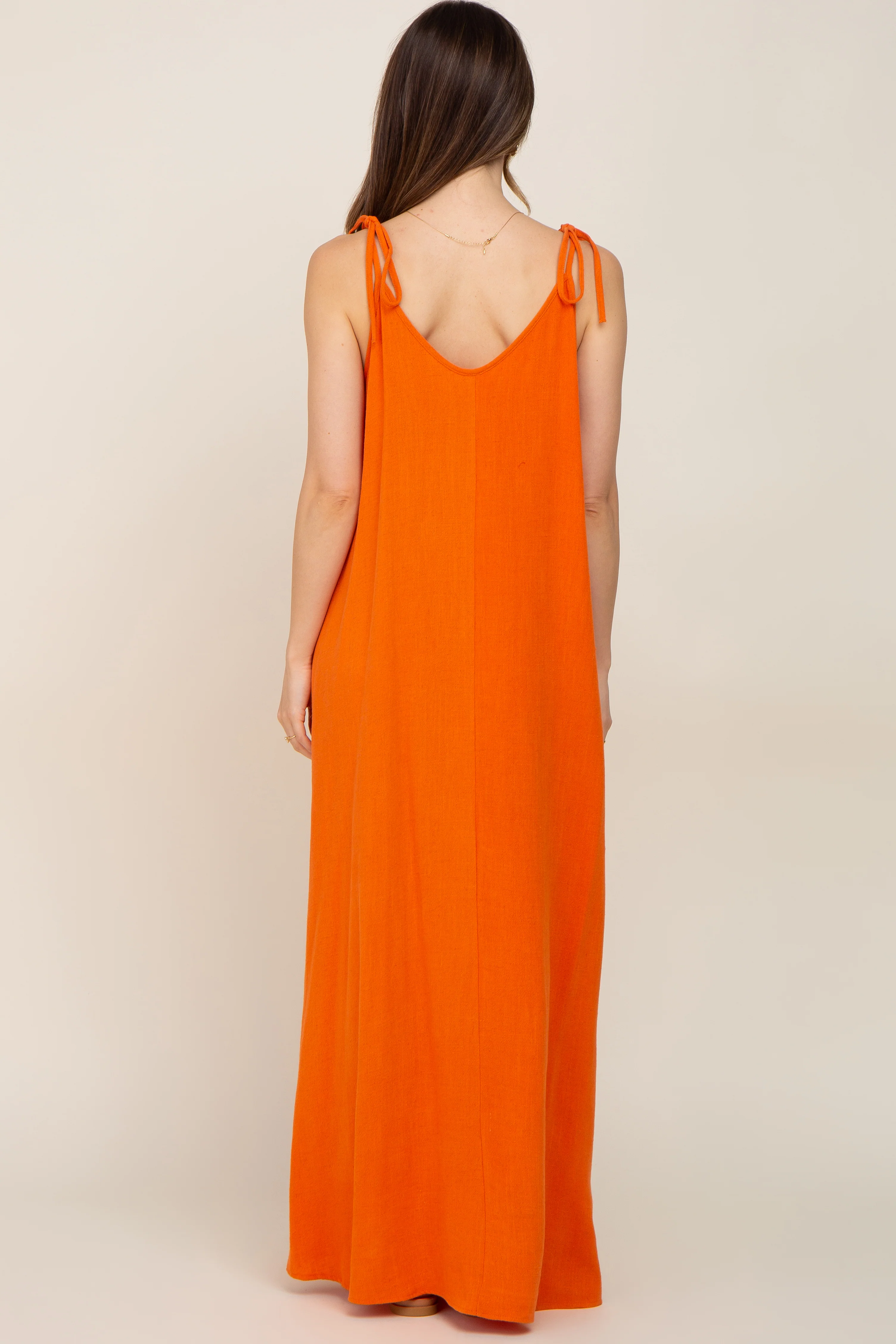 Orange Linen V-Neck Tie Strap Maternity Maxi Dress - Image 3