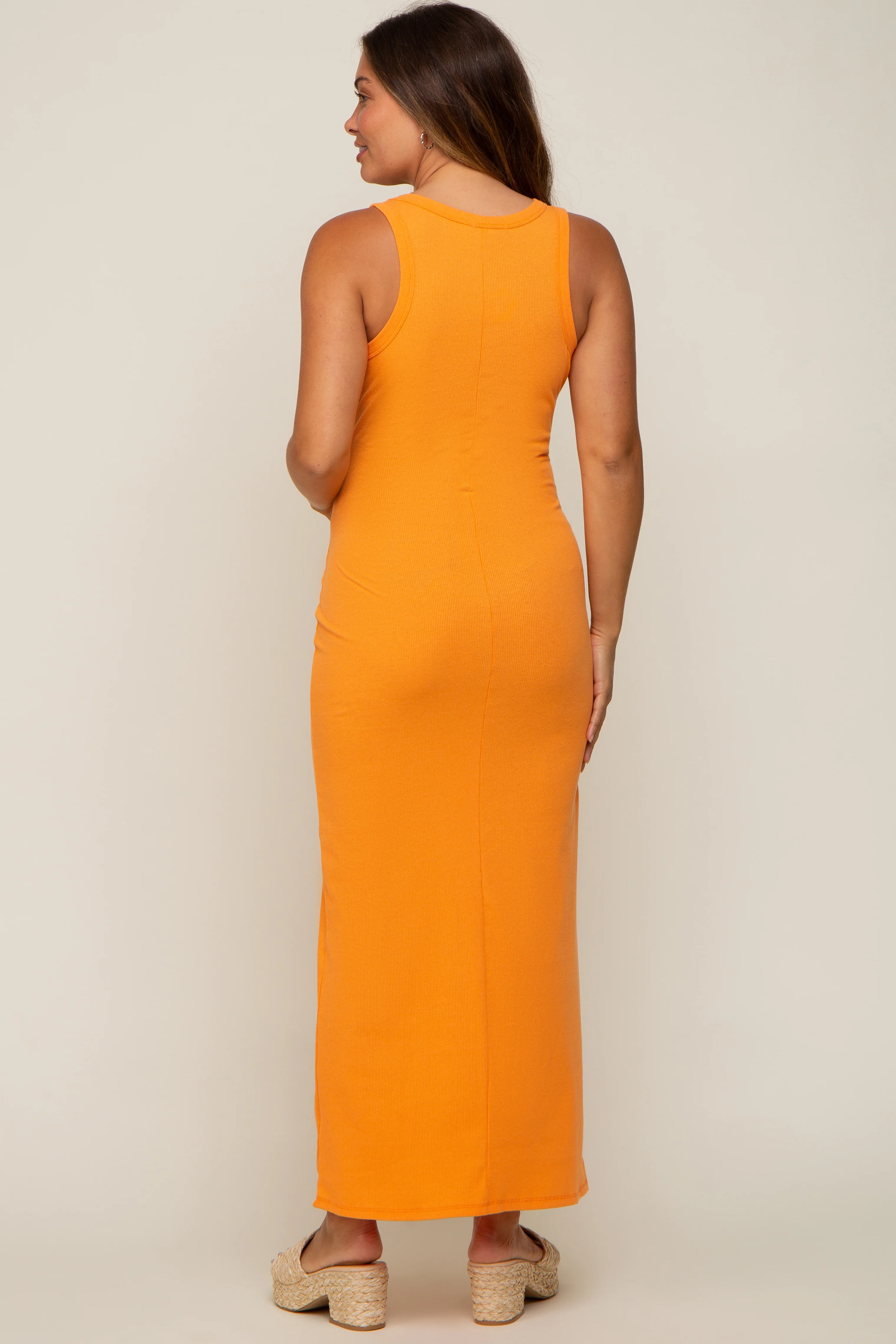 Orange Sleeveless Ribbed Maternity Maxi Dress - Image 4