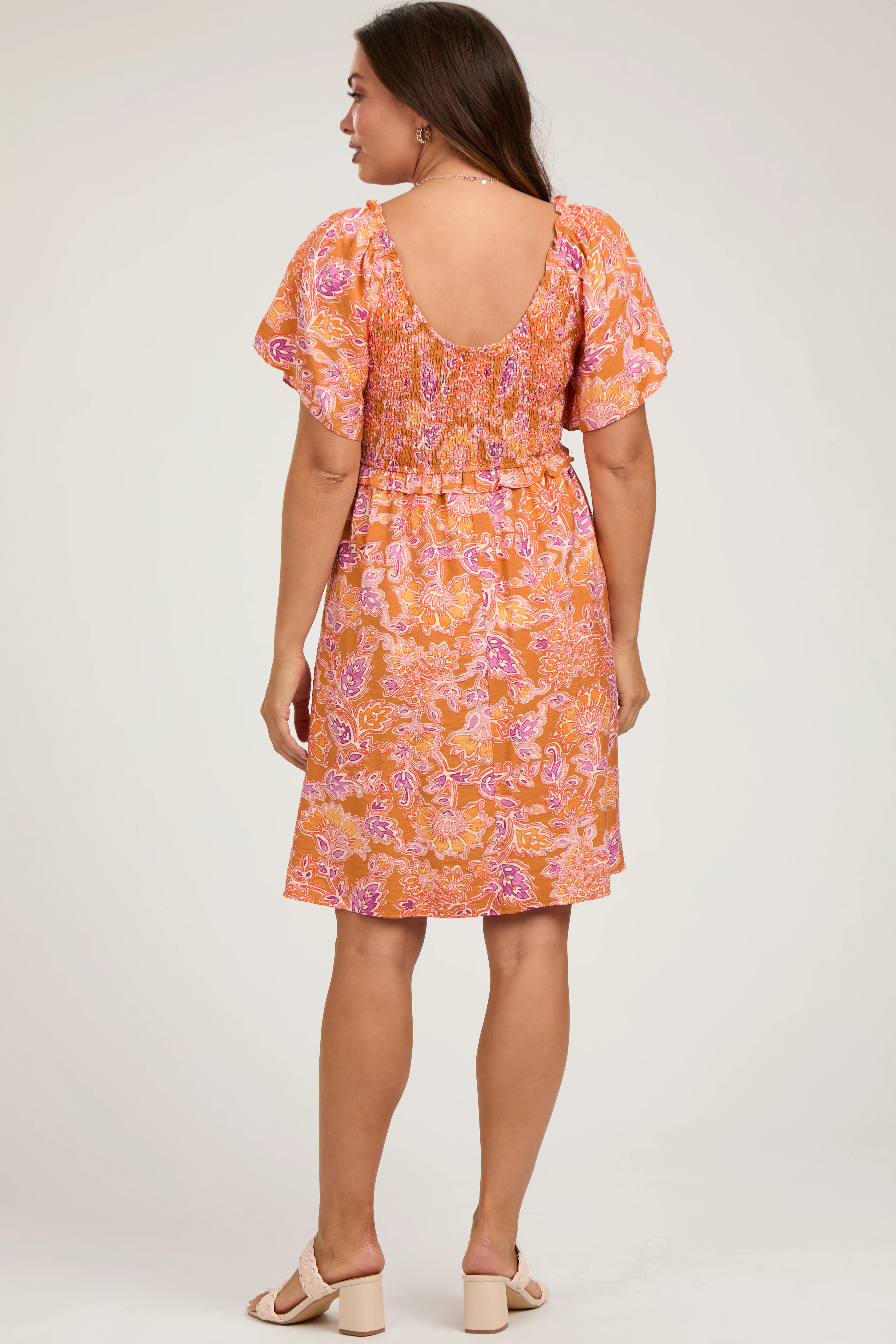 Orange Smocked Bodice Babydoll Maternity Dress - Image 3