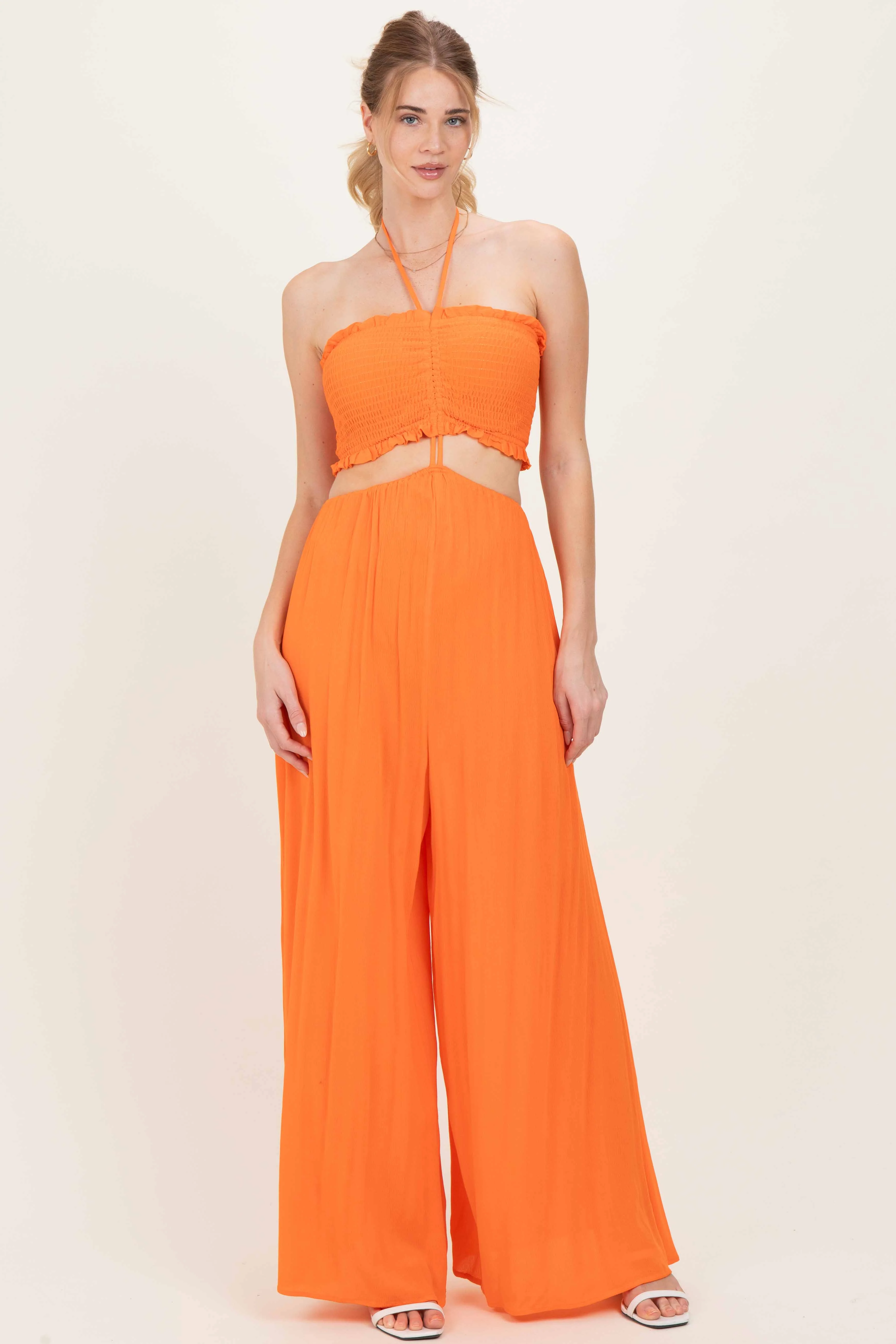 Orange Smocked Drawstring Halter Side Cutout Maternity Jumpsuit - Image 2
