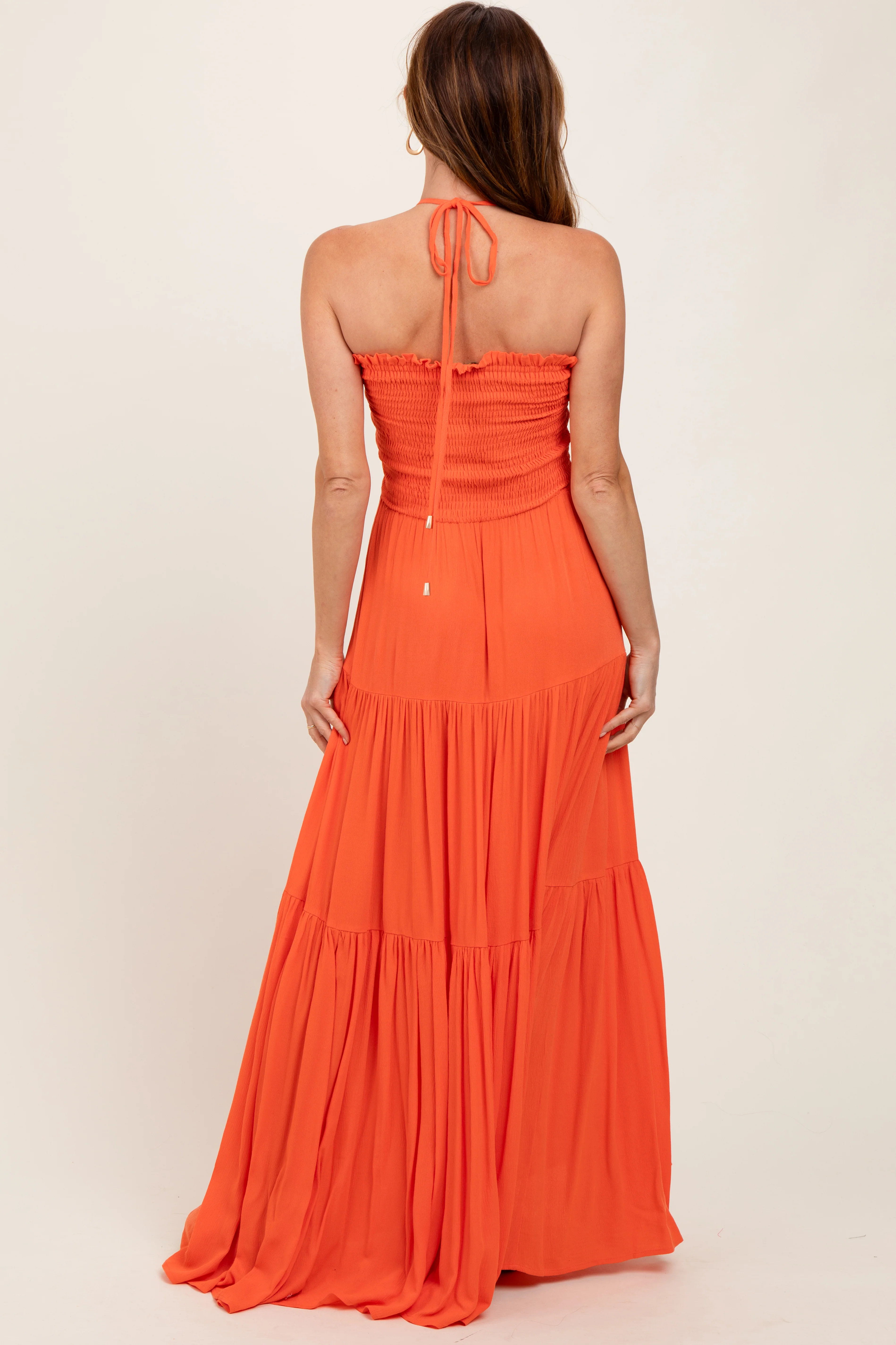 Orange Smocked Halter Tiered Maxi Dress - Image 4