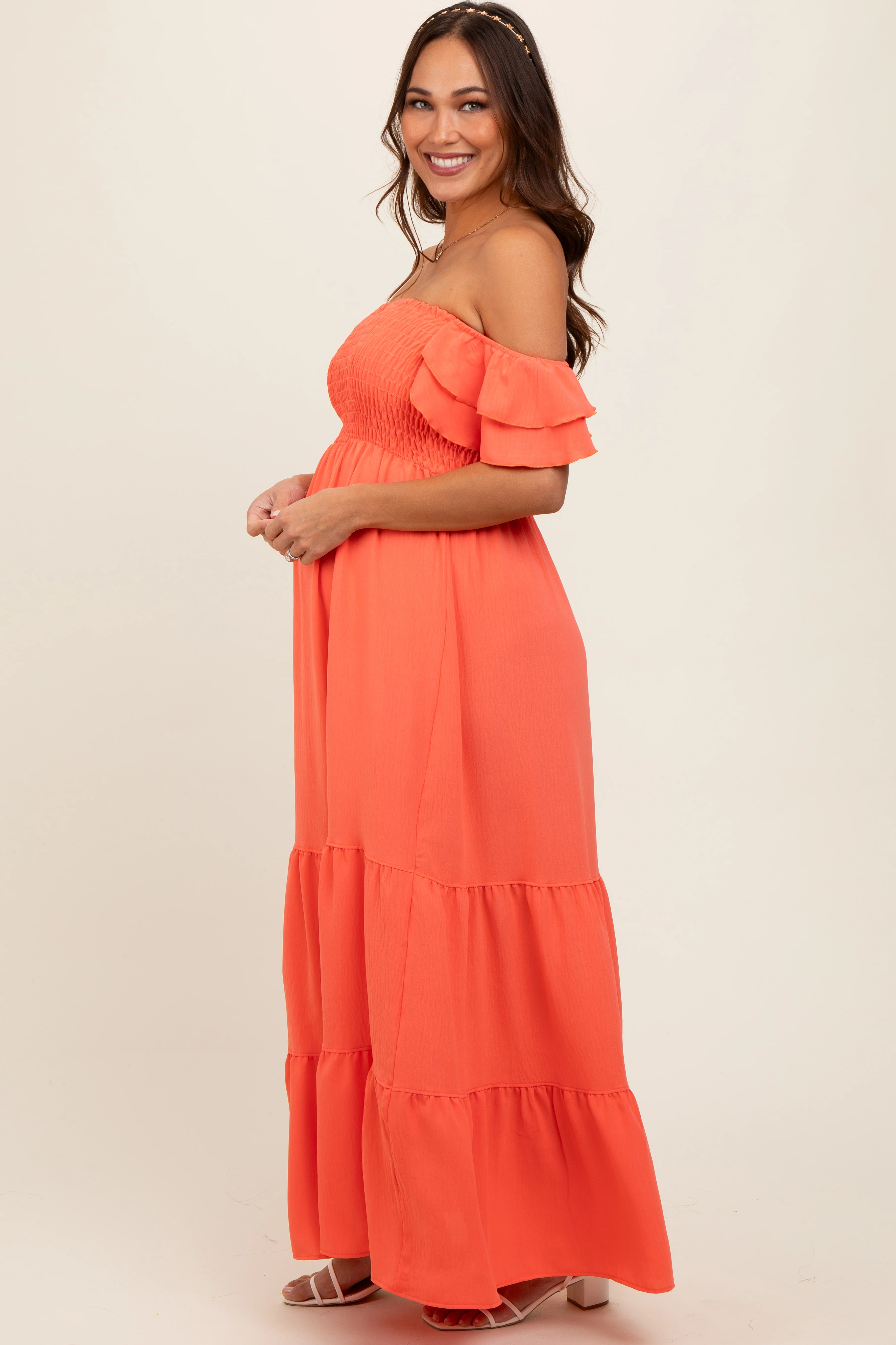 Orange Smocked Ruffle Off Shoulder Tiered Maternity Maxi Dress - Image 3