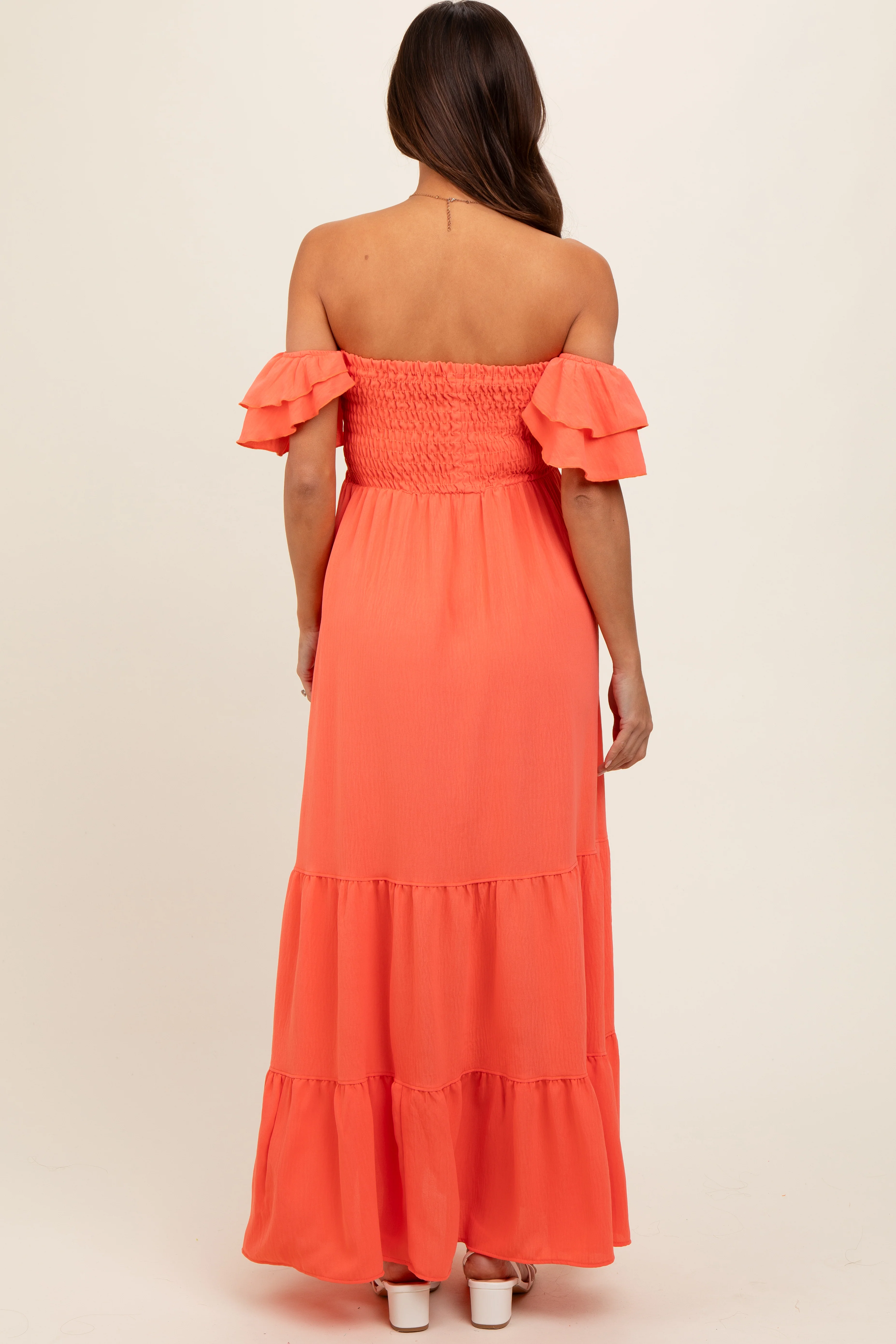 Orange Smocked Ruffle Off Shoulder Tiered Maternity Maxi Dress - Image 4