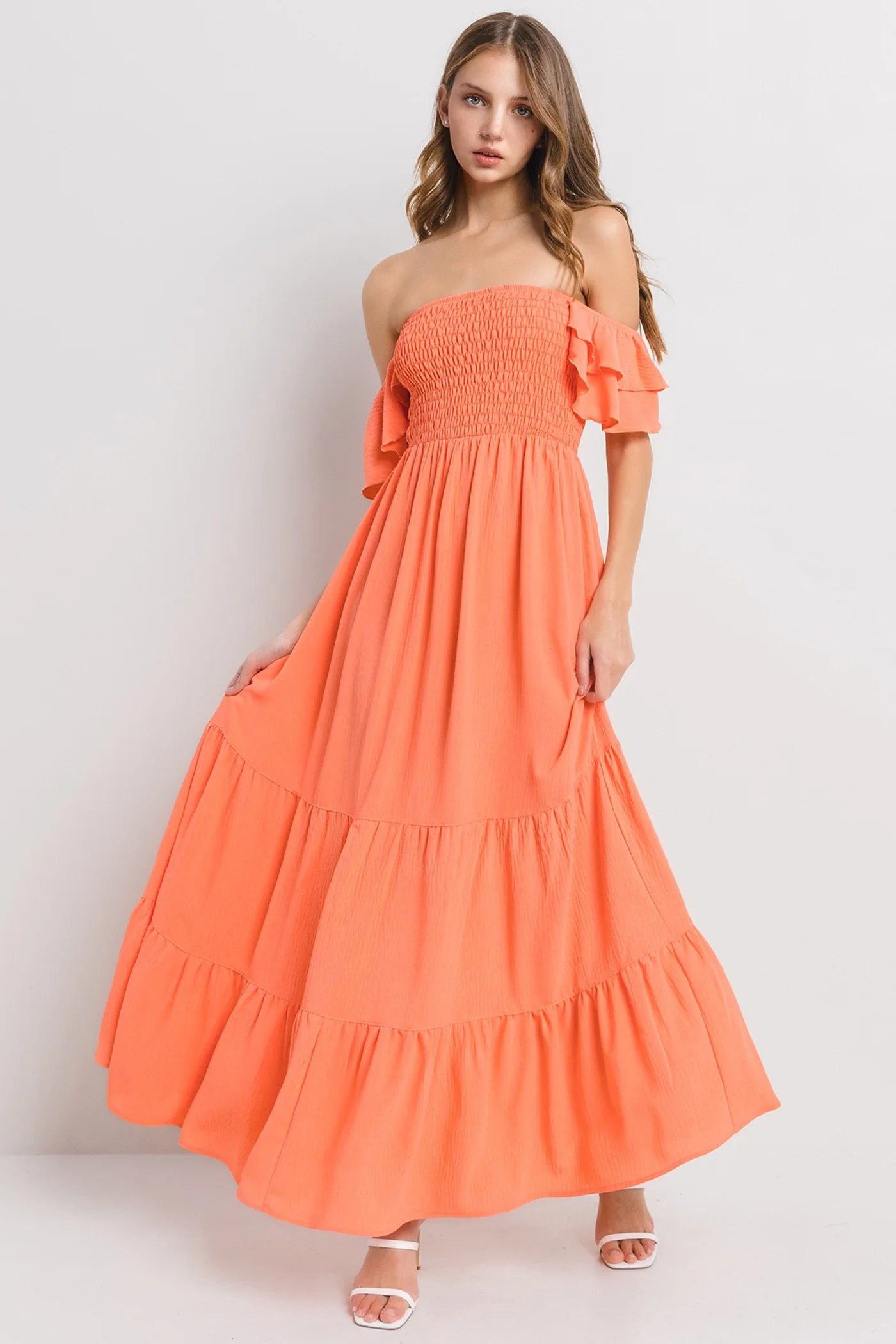 Orange Smocked Ruffle Off Shoulder Tiered Maternity Maxi Dress - Image 5