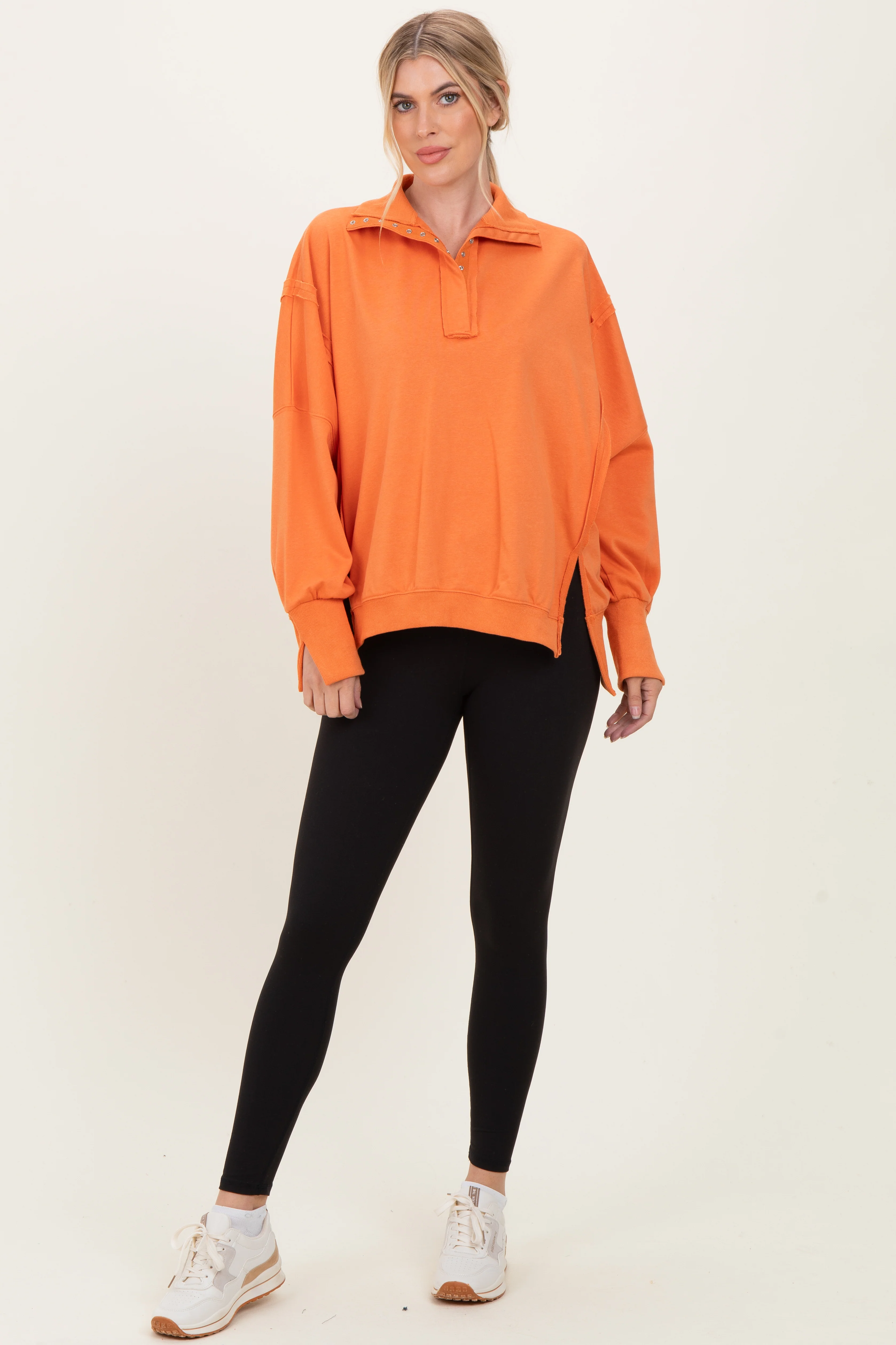 Orange Snap Button Pullover Henley Sweatshirt - Image 6