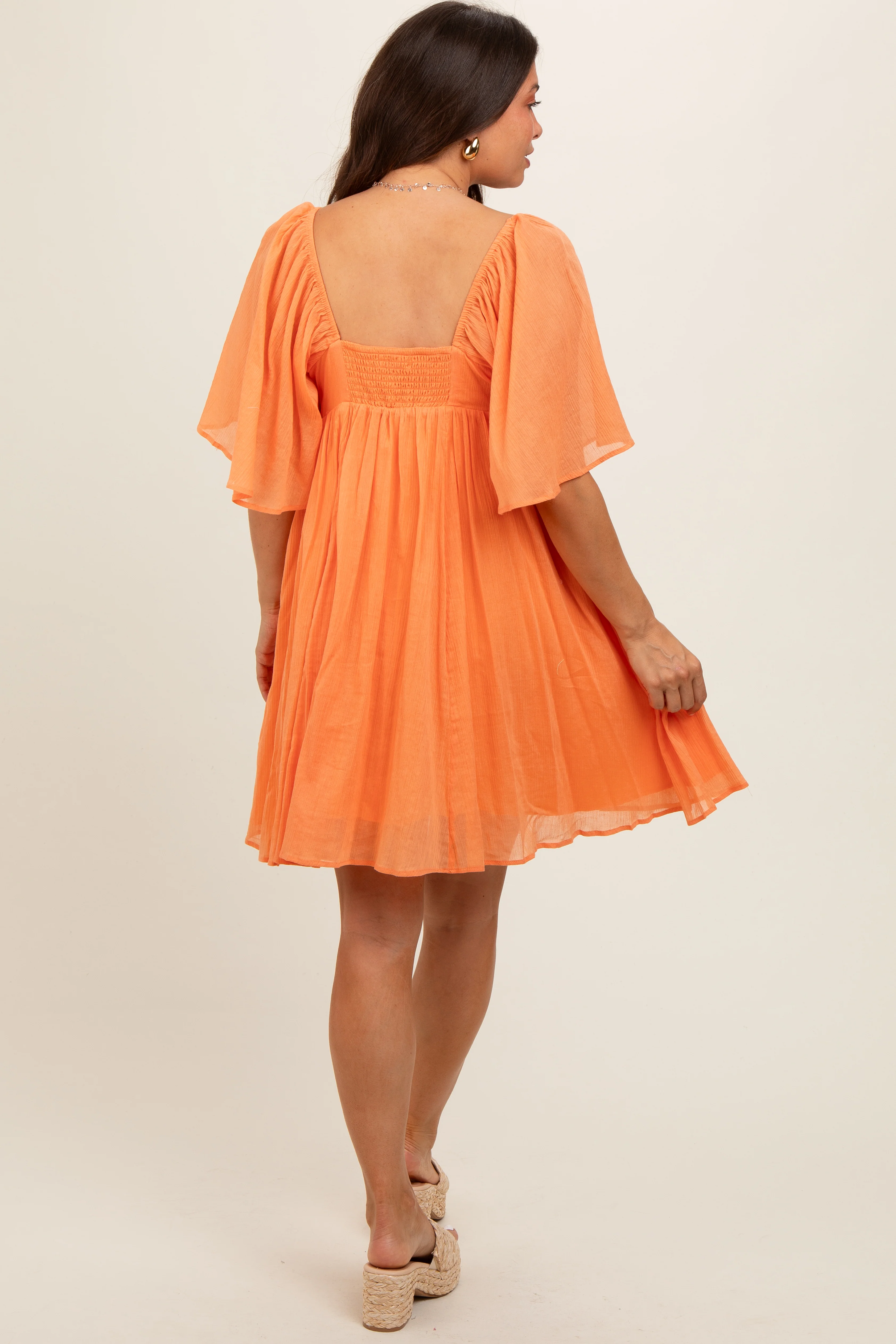 Orange Square Neck Pleated Flutter Short Sleeve Maternity Dress - Image 4