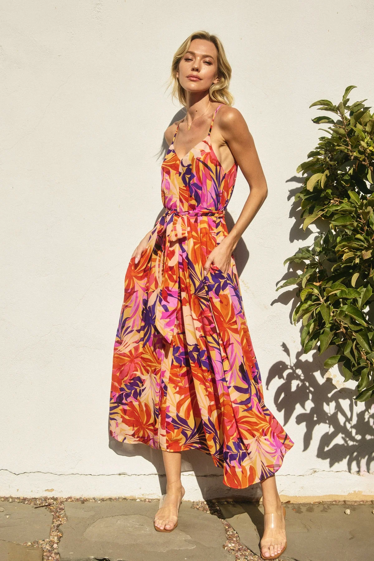 Orange Tropical Sash Tie Maxi Dress - Image 2