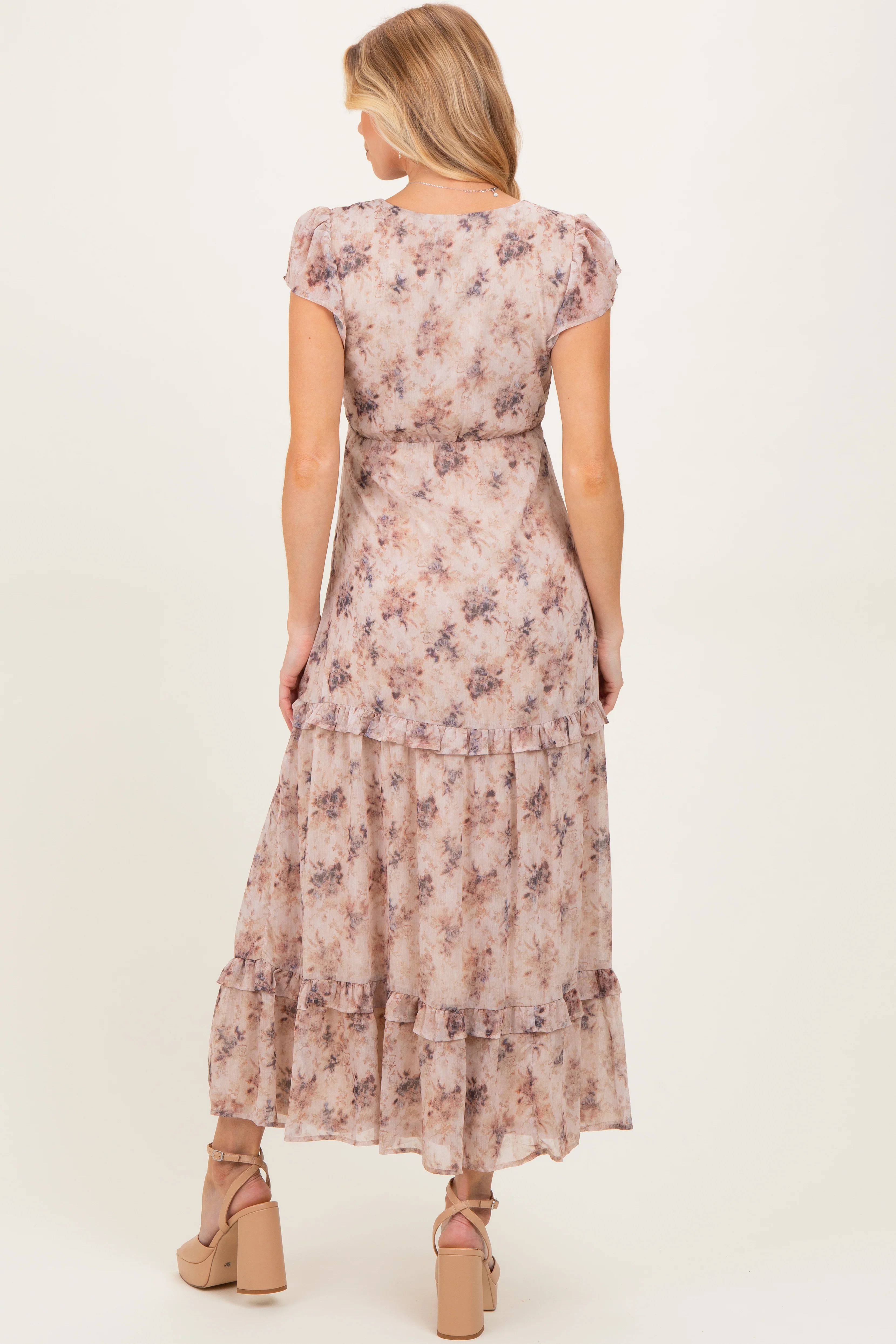 Peach Abstract Print Ruffle Trim Maternity Maxi Dress - Image 3