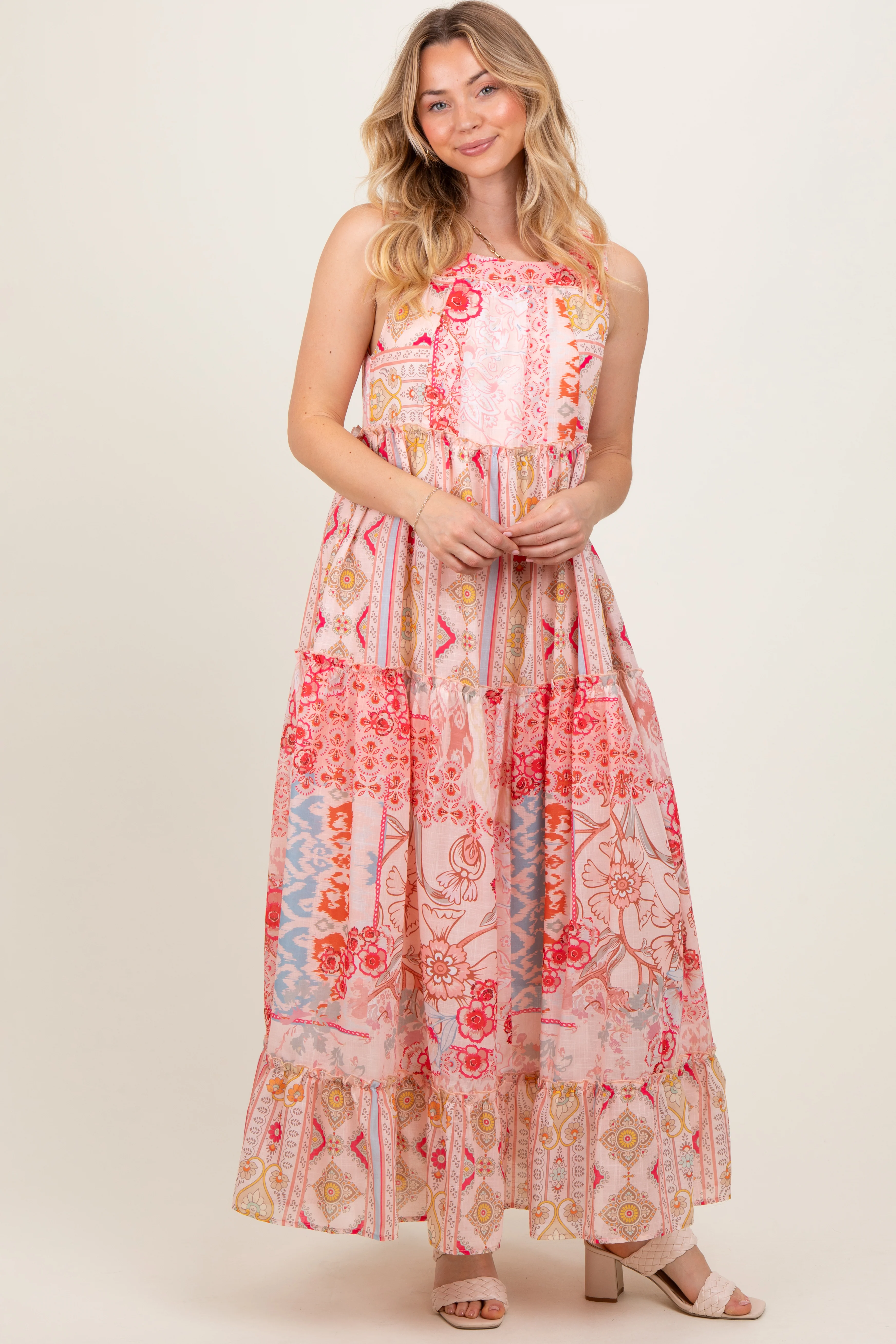Peach Abstract Printed Maternity Maxi Dress - Image 4