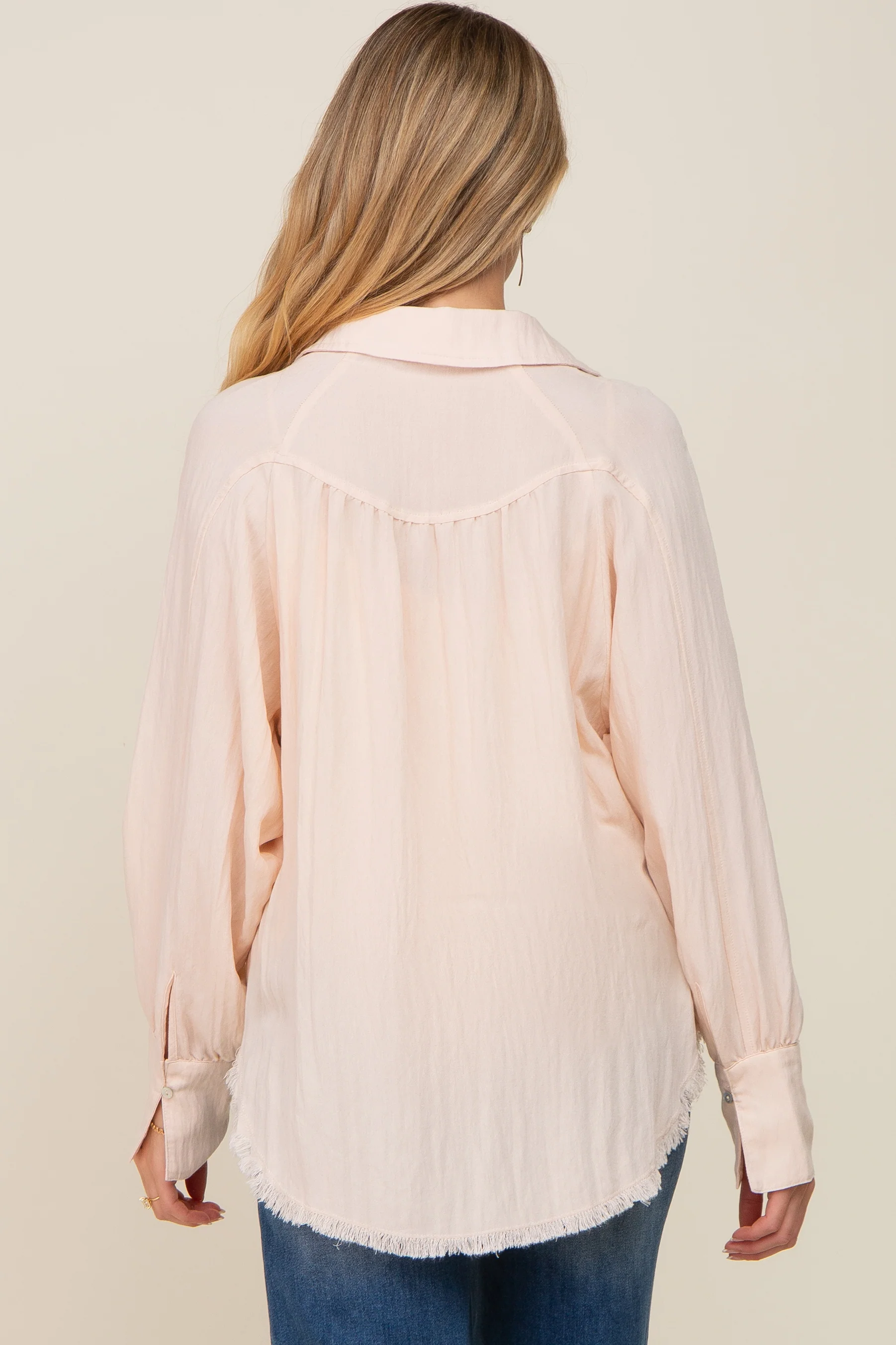 Peach Button-Down Raw Hem Maternity Blouse - Image 3
