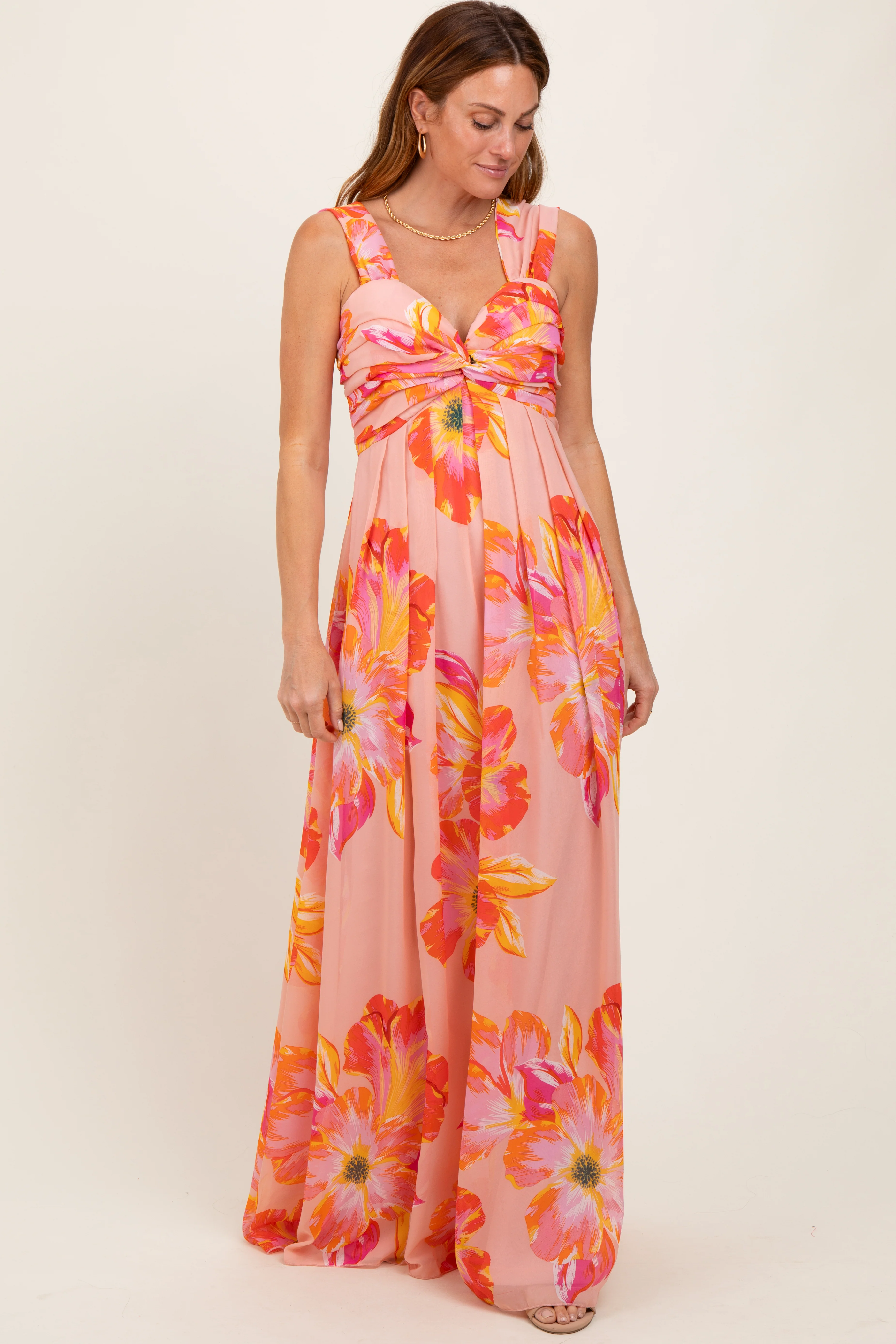 Peach Floral Chiffon Off Shoulder Maxi Dress - Image 2