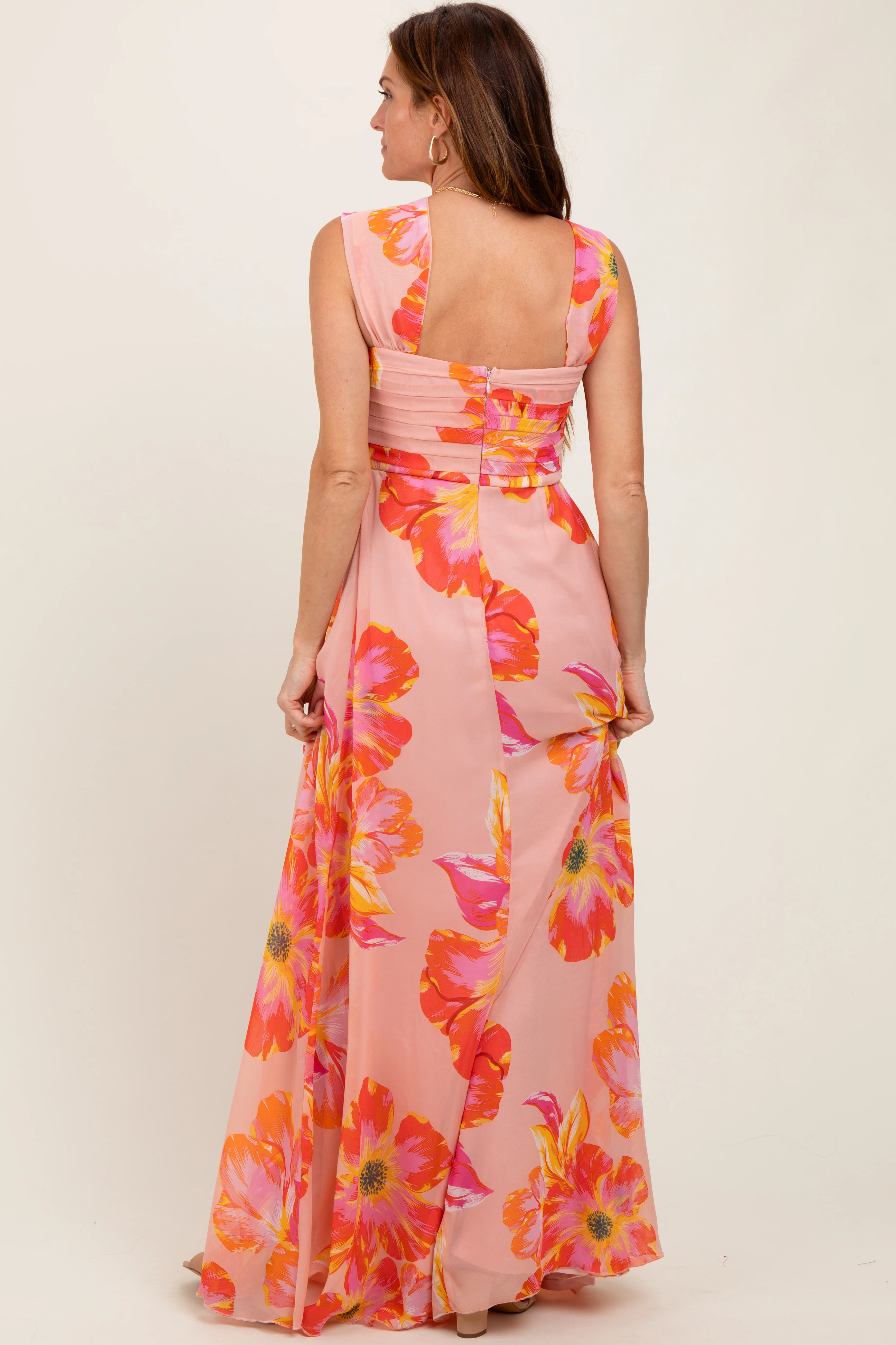 Peach Floral Chiffon Off Shoulder Maxi Dress - Image 4