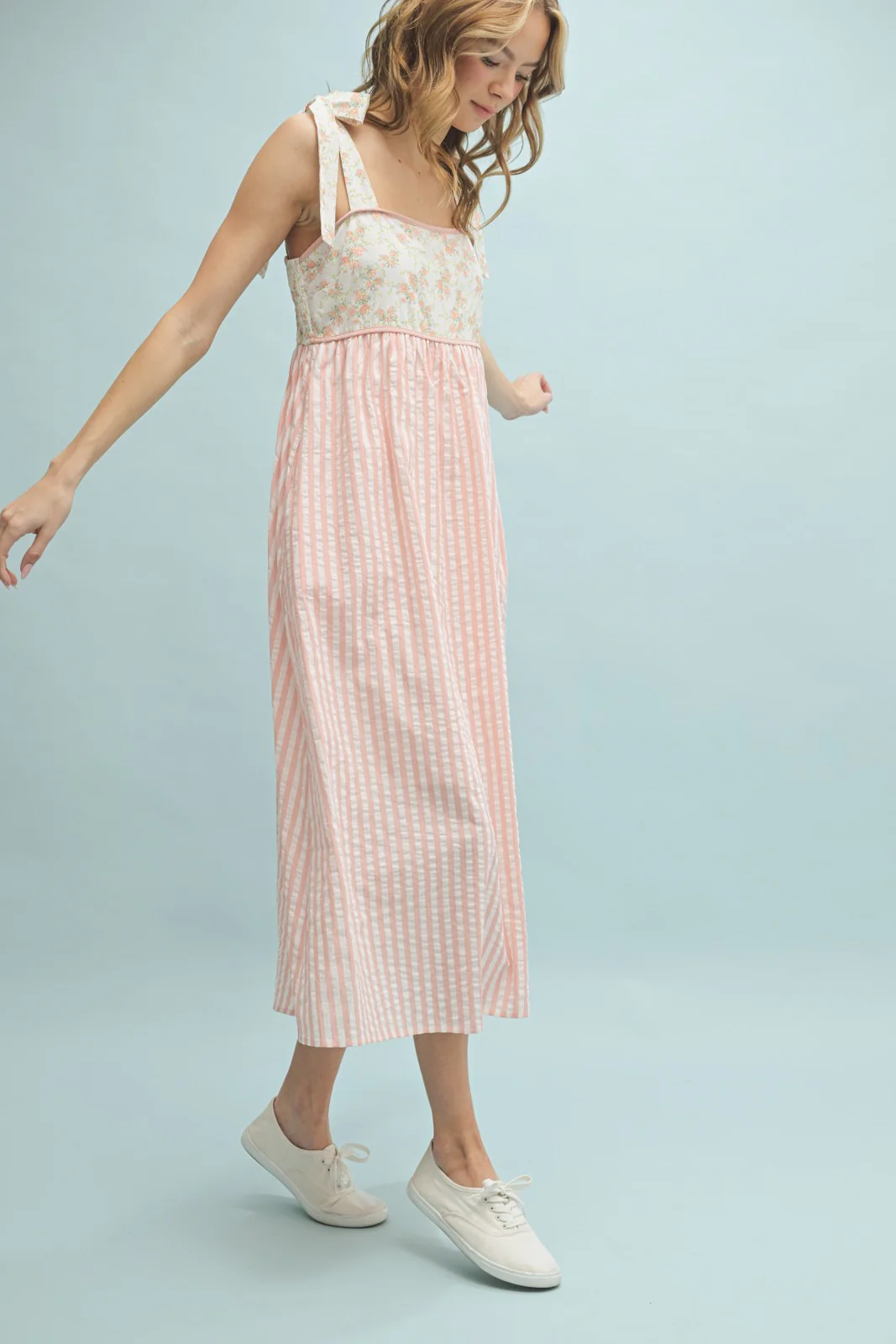 Peach Floral Contrast Stripe Shoulder Tie Midi Dress - Image 3