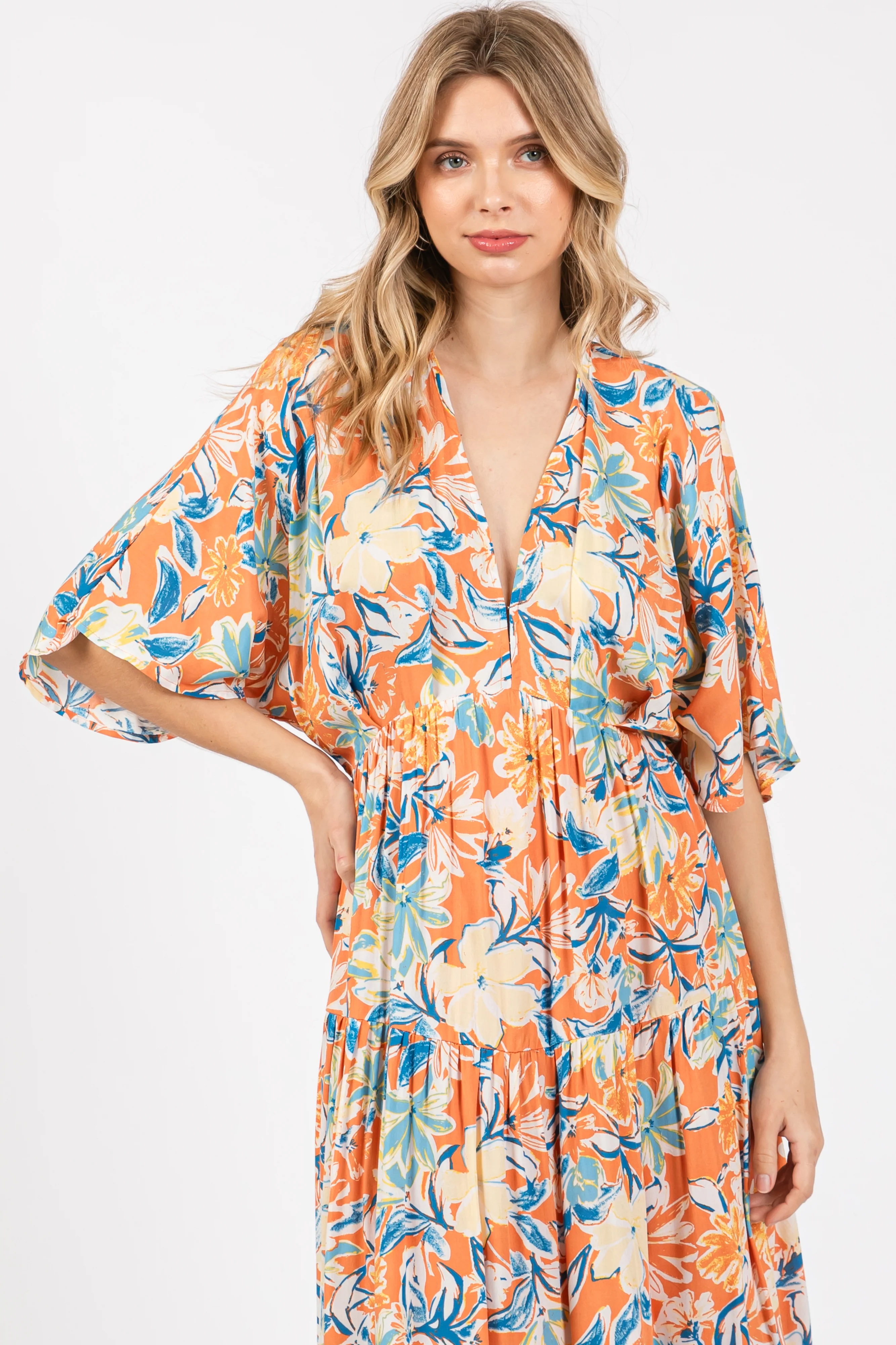 Peach Floral Dolman Sleeve Tiered Dress - Image 4