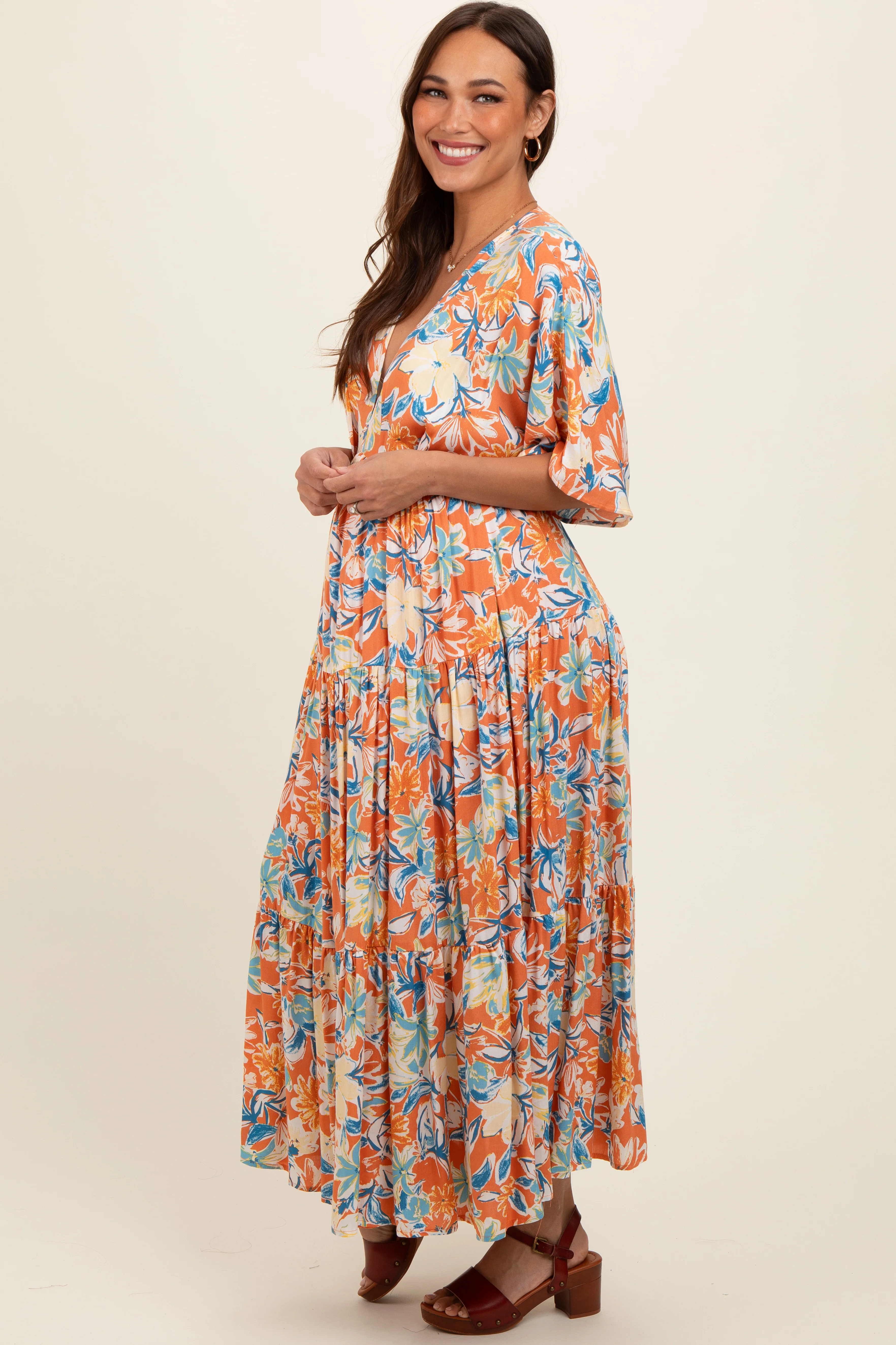 Peach Floral Dolman Sleeve Tiered Maternity Dress - Image 3