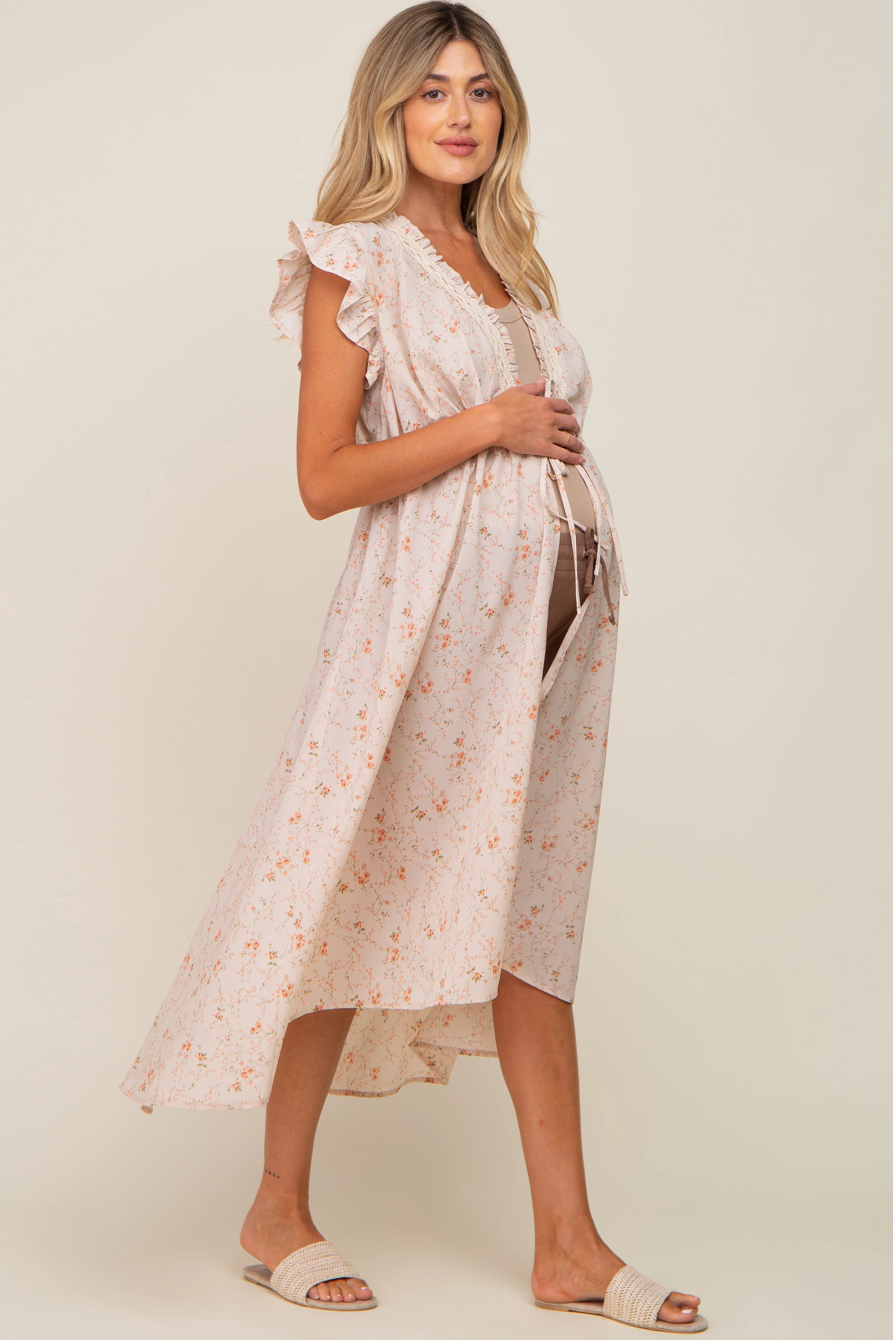 Peach Floral Front Tie Maternity Midi Cover Up - Image 2