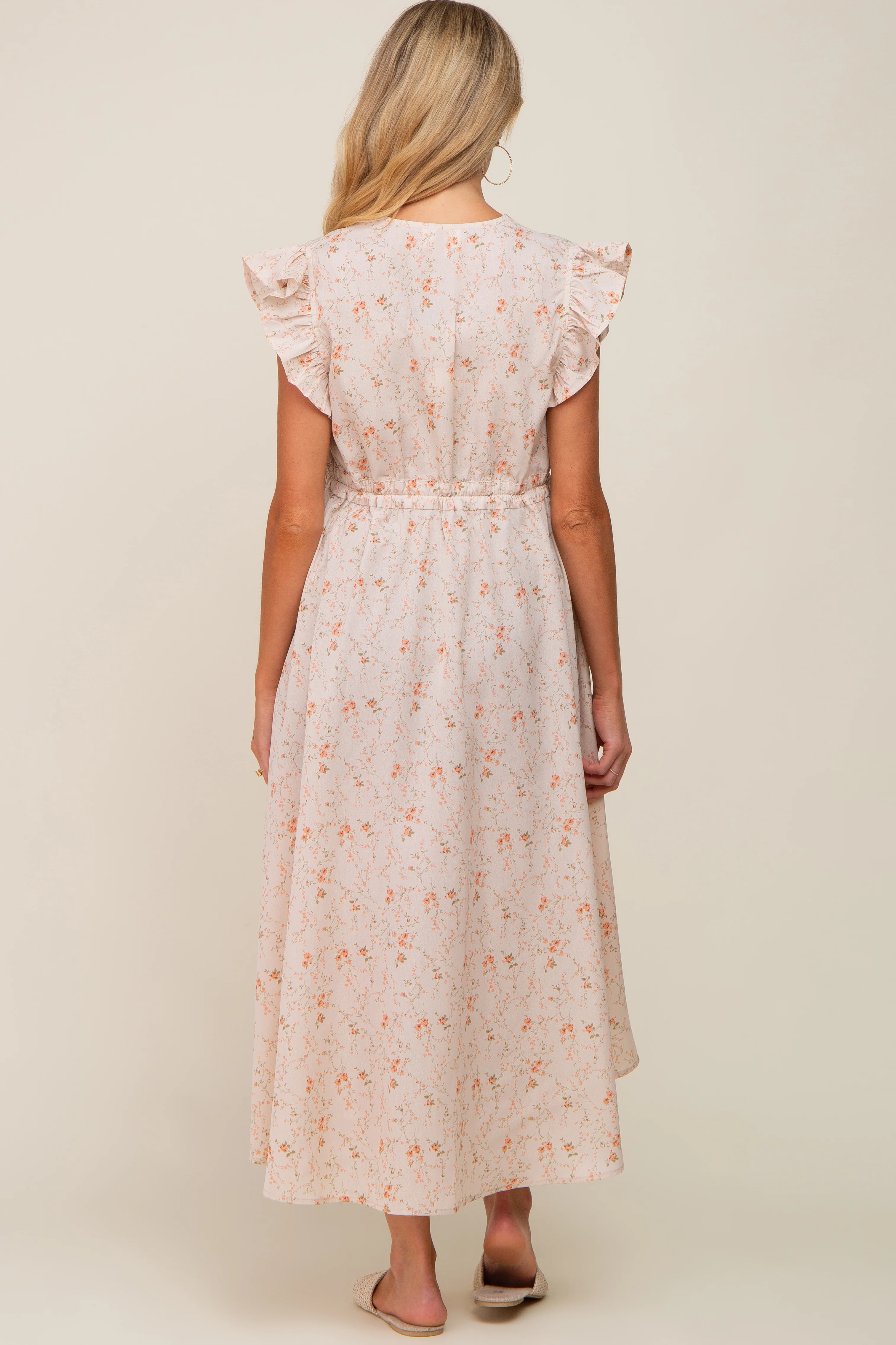 Peach Floral Front Tie Maternity Midi Cover Up - Image 3