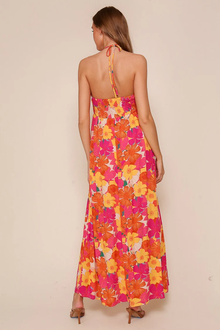 Peach Floral Halter Maxi Dress - Image 3