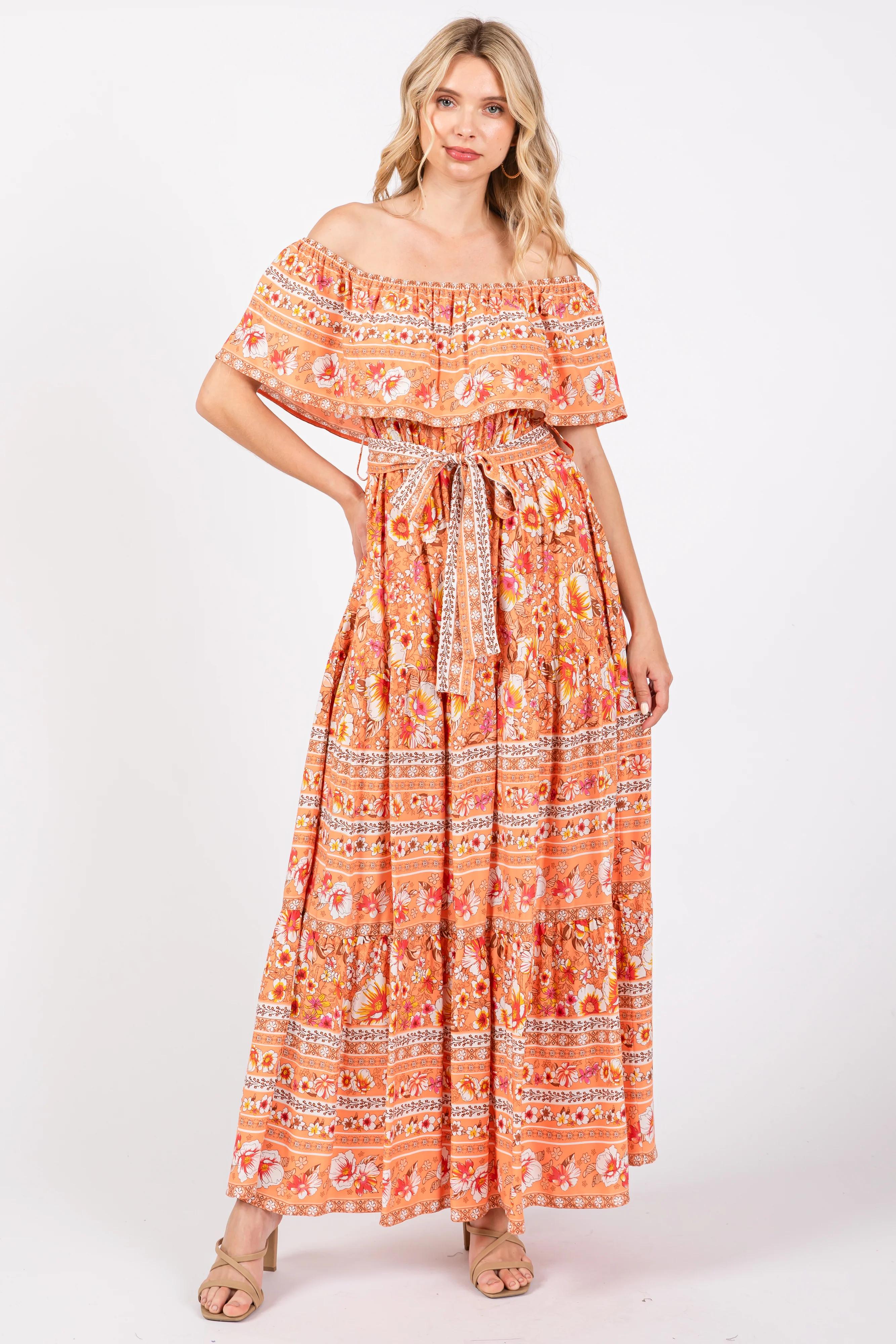 Peach Floral Off Shoulder Maternity Maxi Dress - Image 5