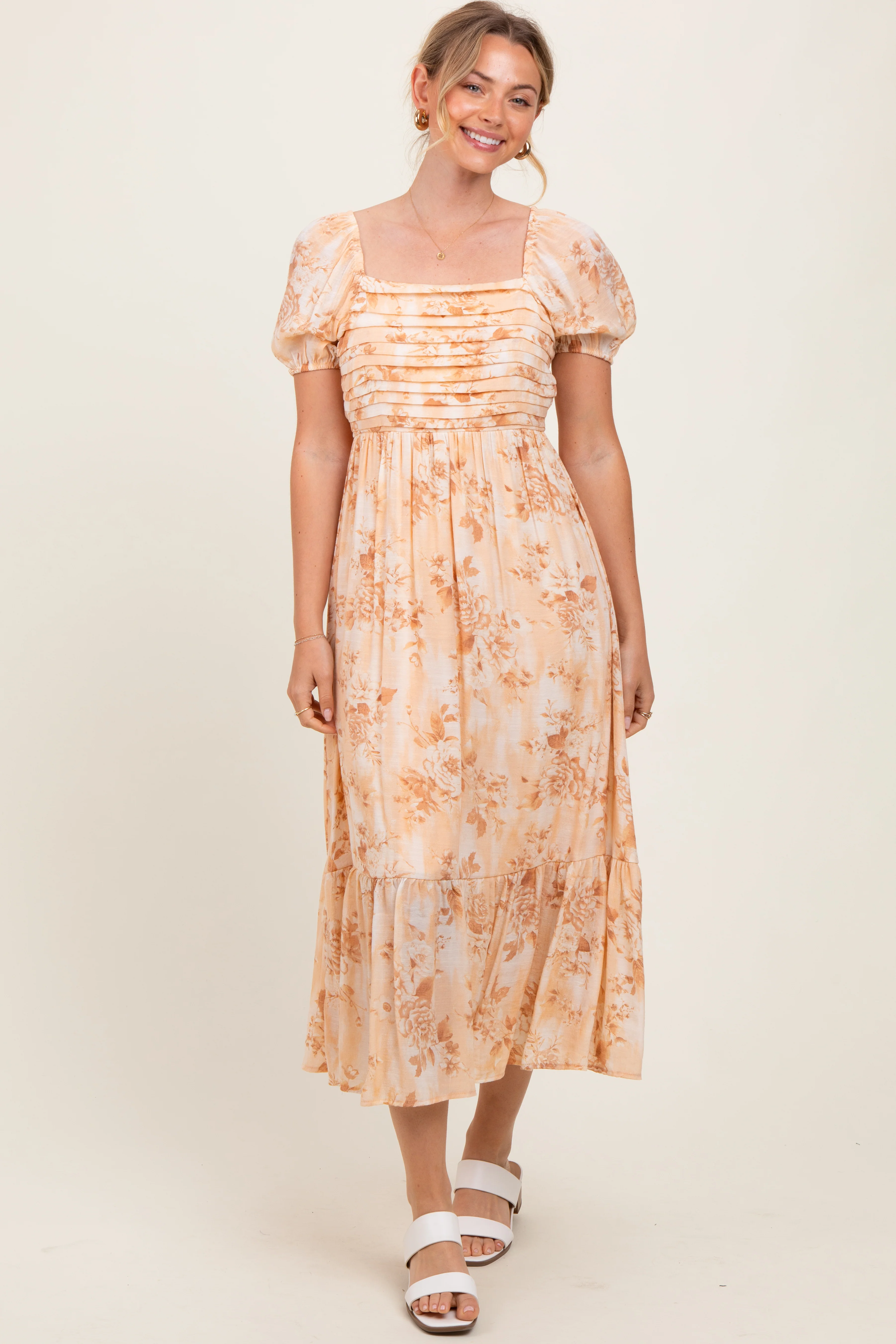 Peach Floral Pleated Bust Puff Sleeve Midi Dress - Image 2