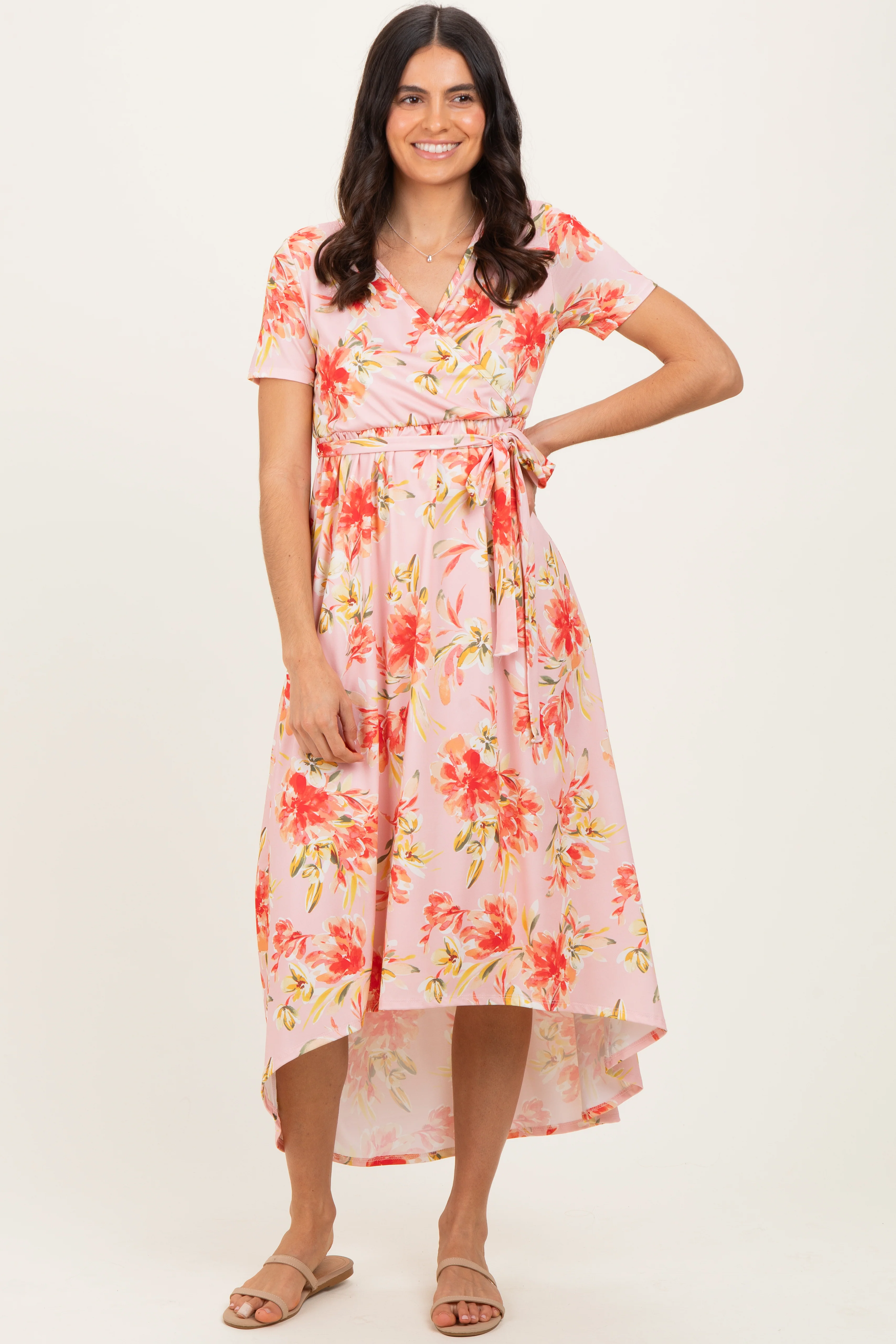Peach Floral Print Short Sleeve Hi-Low Wrap Dress