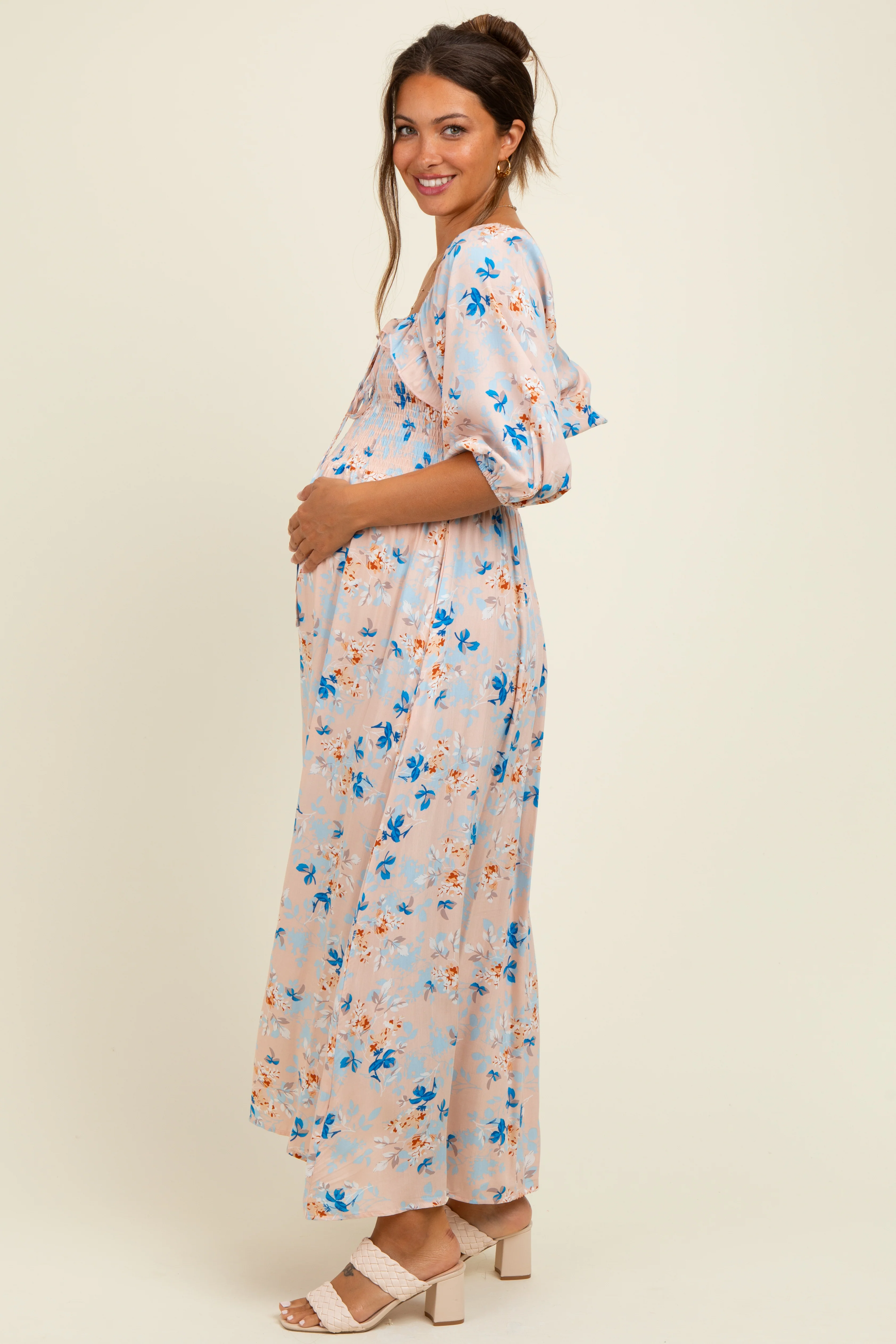 Peach Floral Smocked Front Tie Maternity Maxi Dress - Image 3