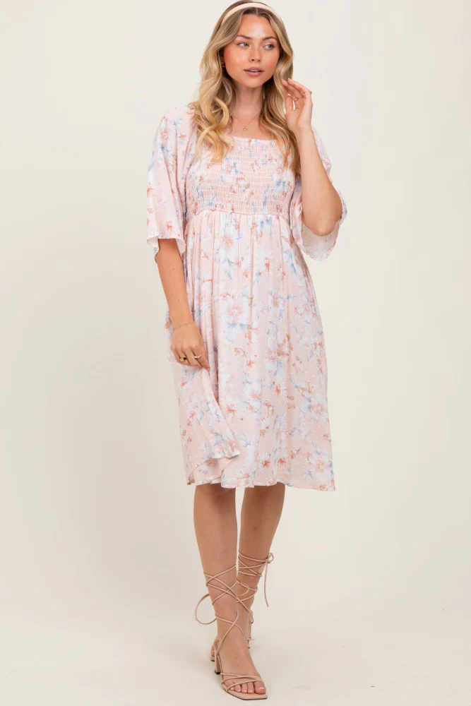 Peach Floral Smocked Maternity Midi Dress - Image 4