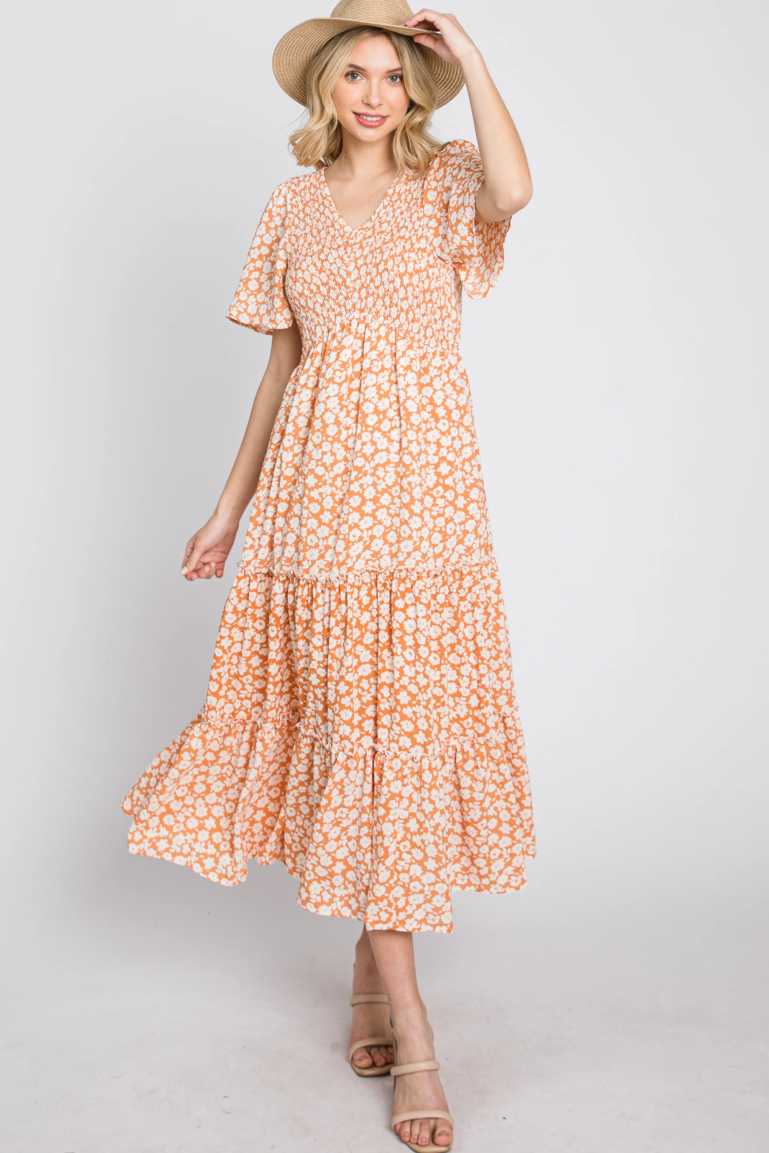 Peach Floral Tiered Maternity Midi Dress - Image 5