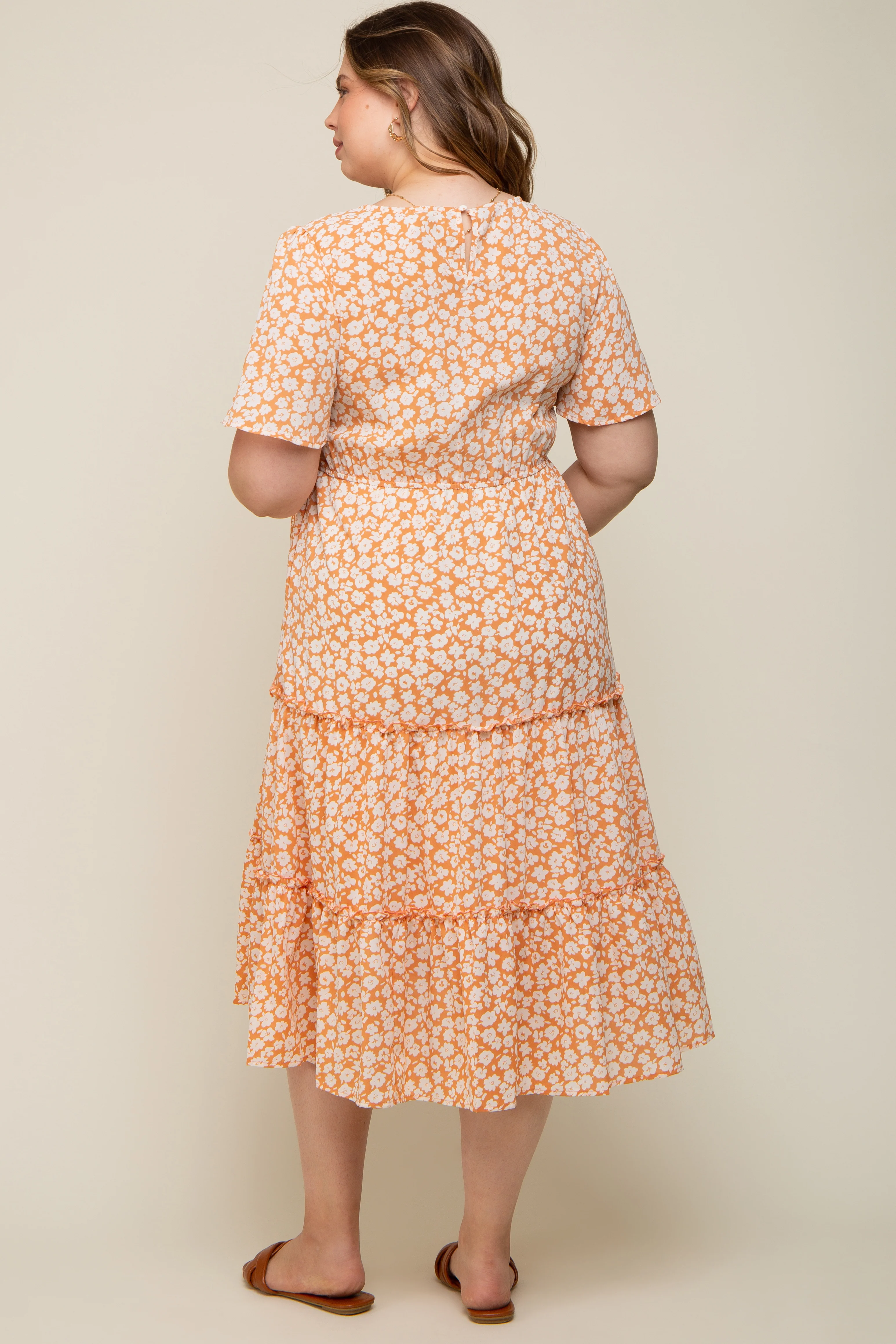 Peach Floral Tiered Maternity Plus Midi Dress - Image 3