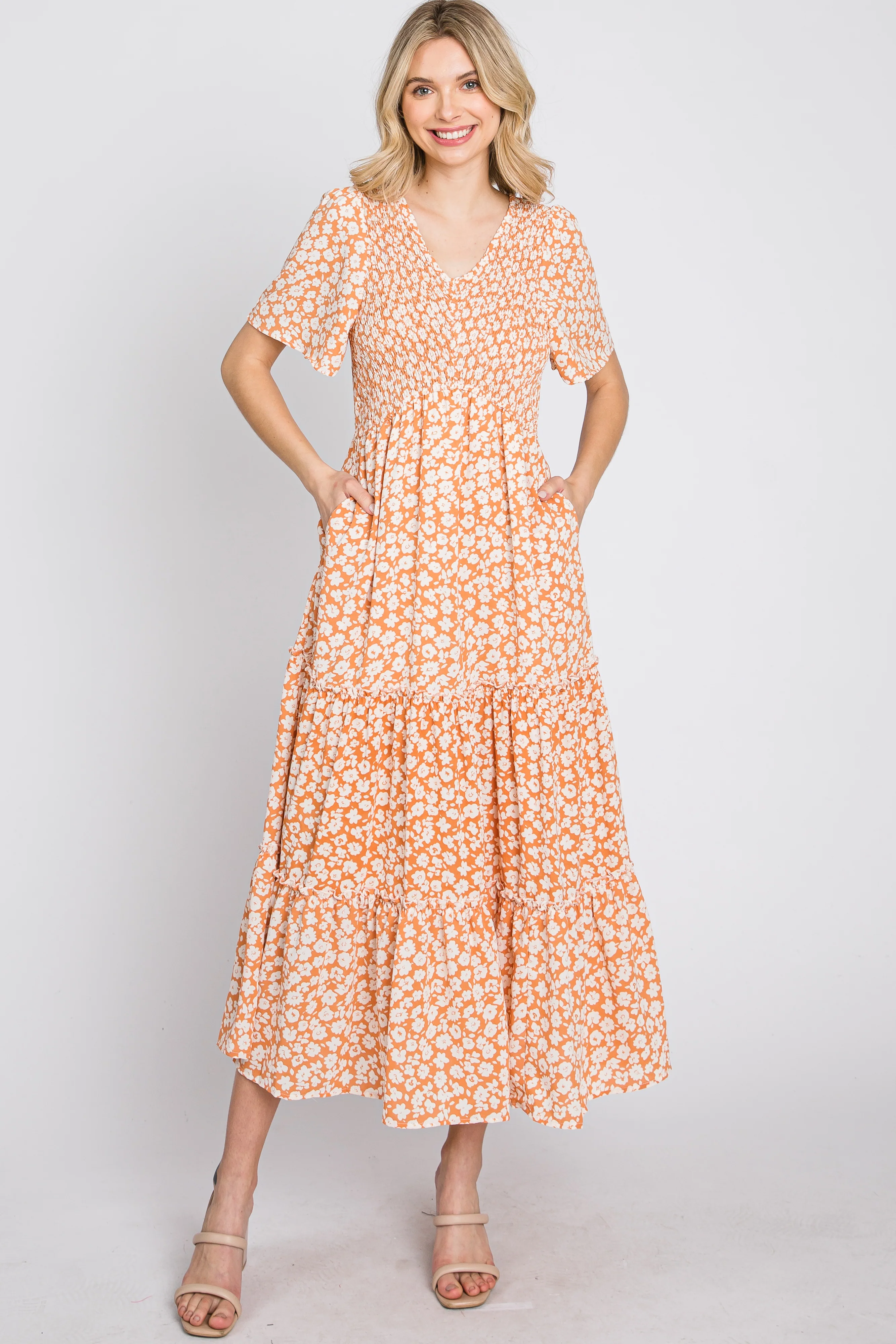 Peach Floral Tiered Midi Dress - Image 2