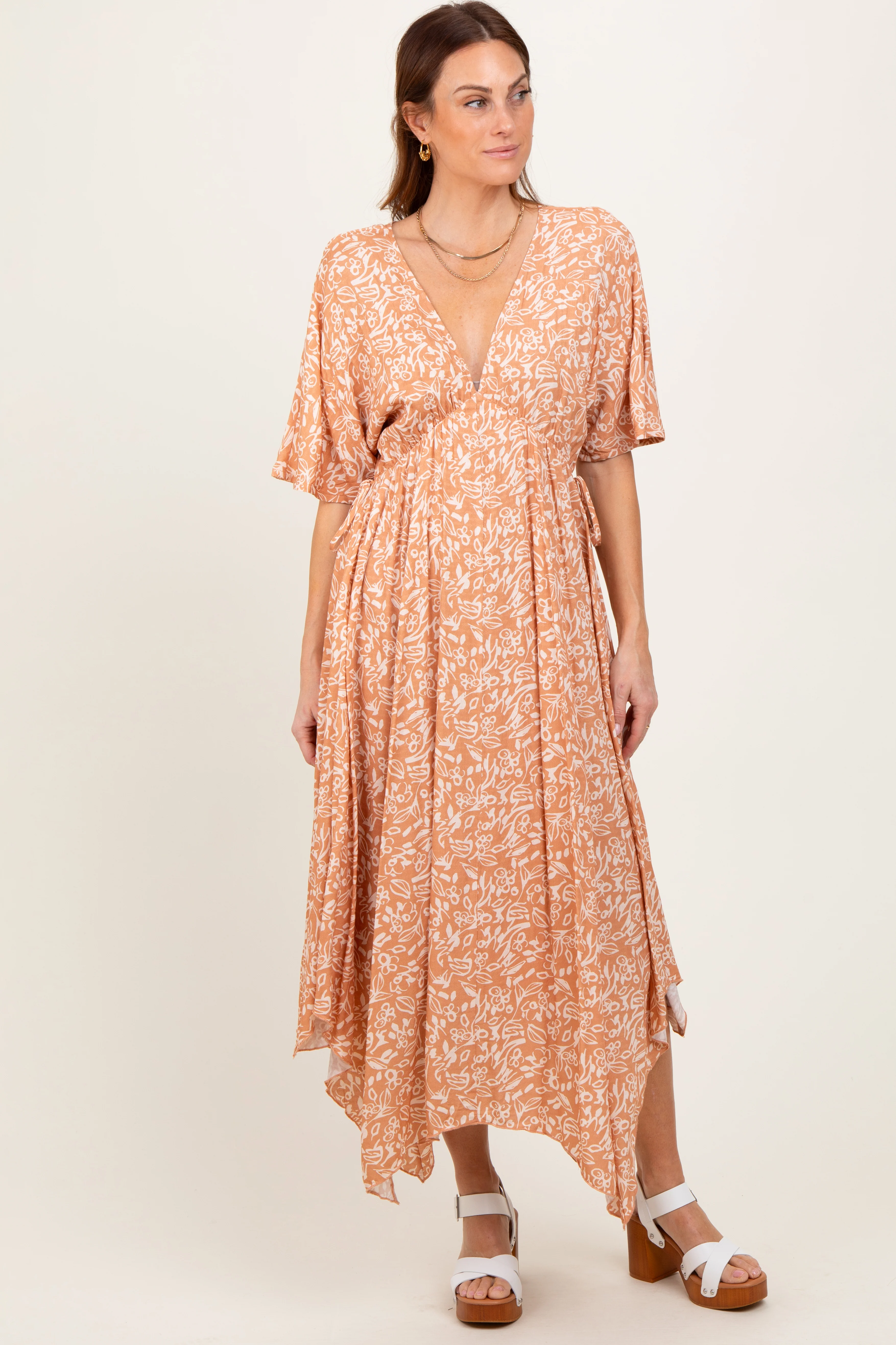 Peach Floral V-Neck Flutter Sleeve Maternity Maxi Dress - Image 4