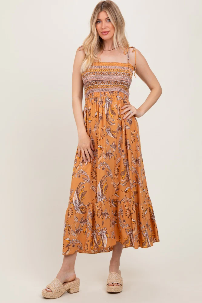 Peach Paisley Shoulder Tie Smocked Maternity Maxi Dress - Image 4