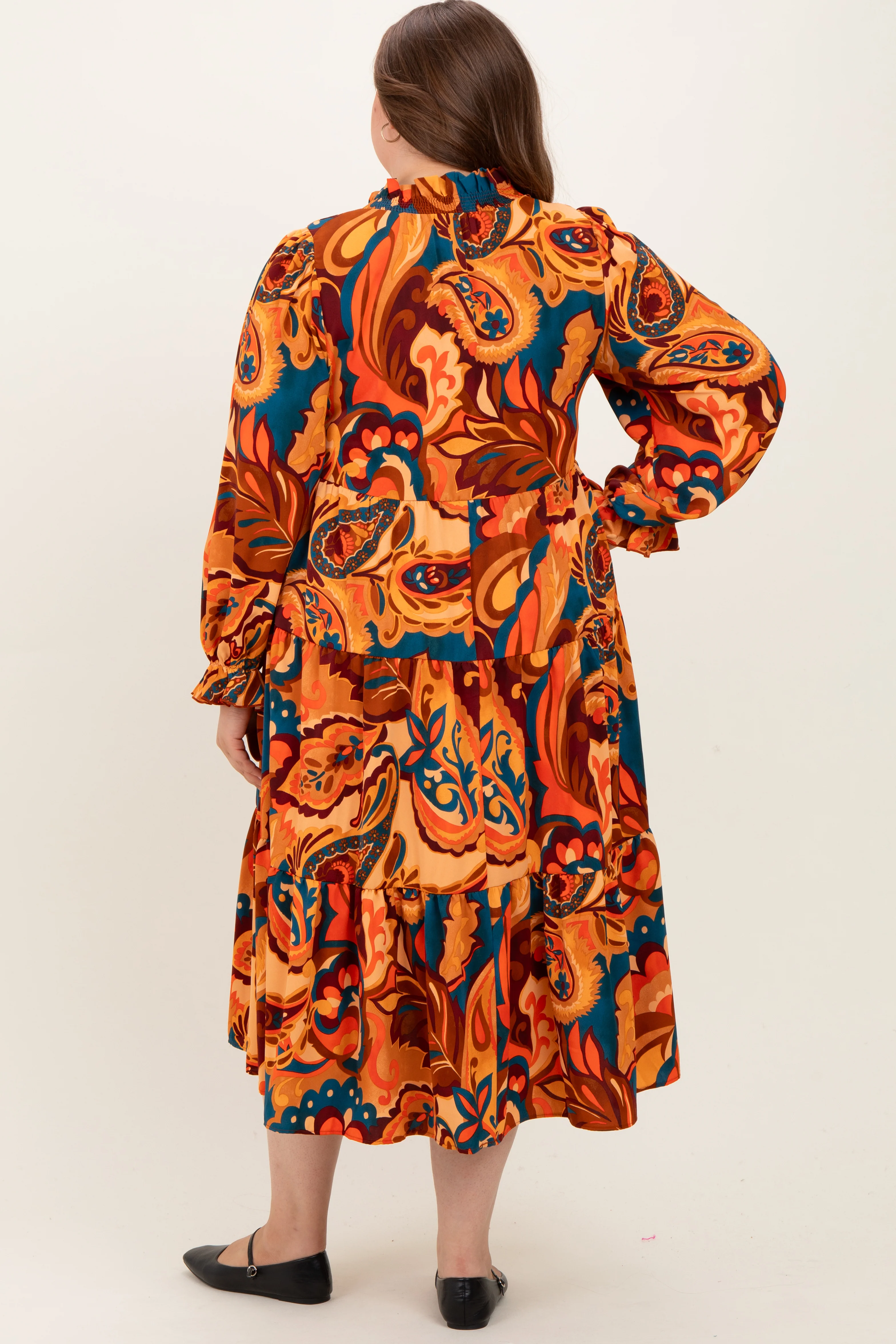Peach Paisley V-Neck Long Sleeve Tiered Maternity Plus Maxi Dress - Image 4