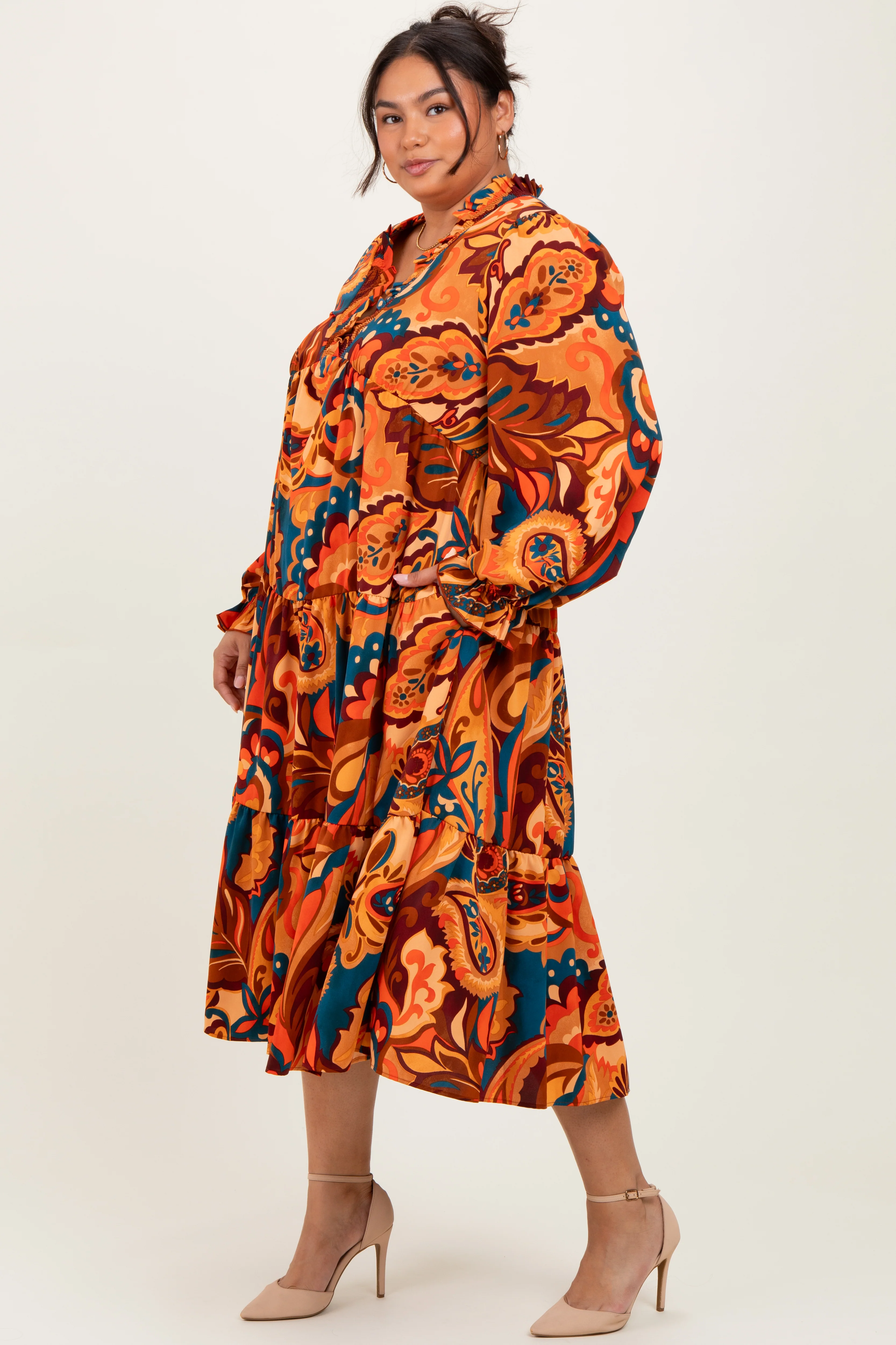 Peach Paisley V-Neck Long Sleeve Tiered Plus Maxi Dress - Image 3