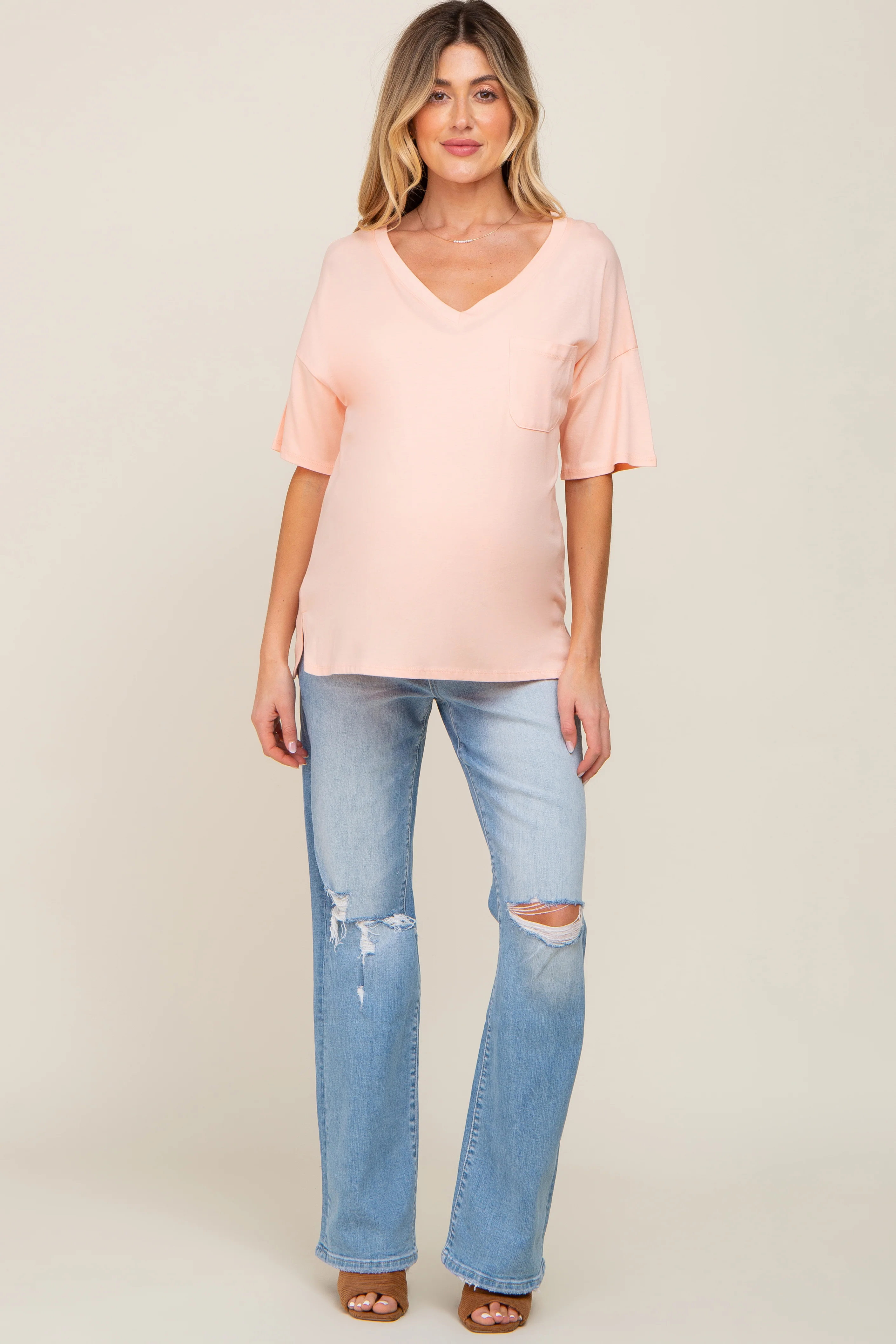 Peach Pocketed V-Neck Maternity Top - Image 5