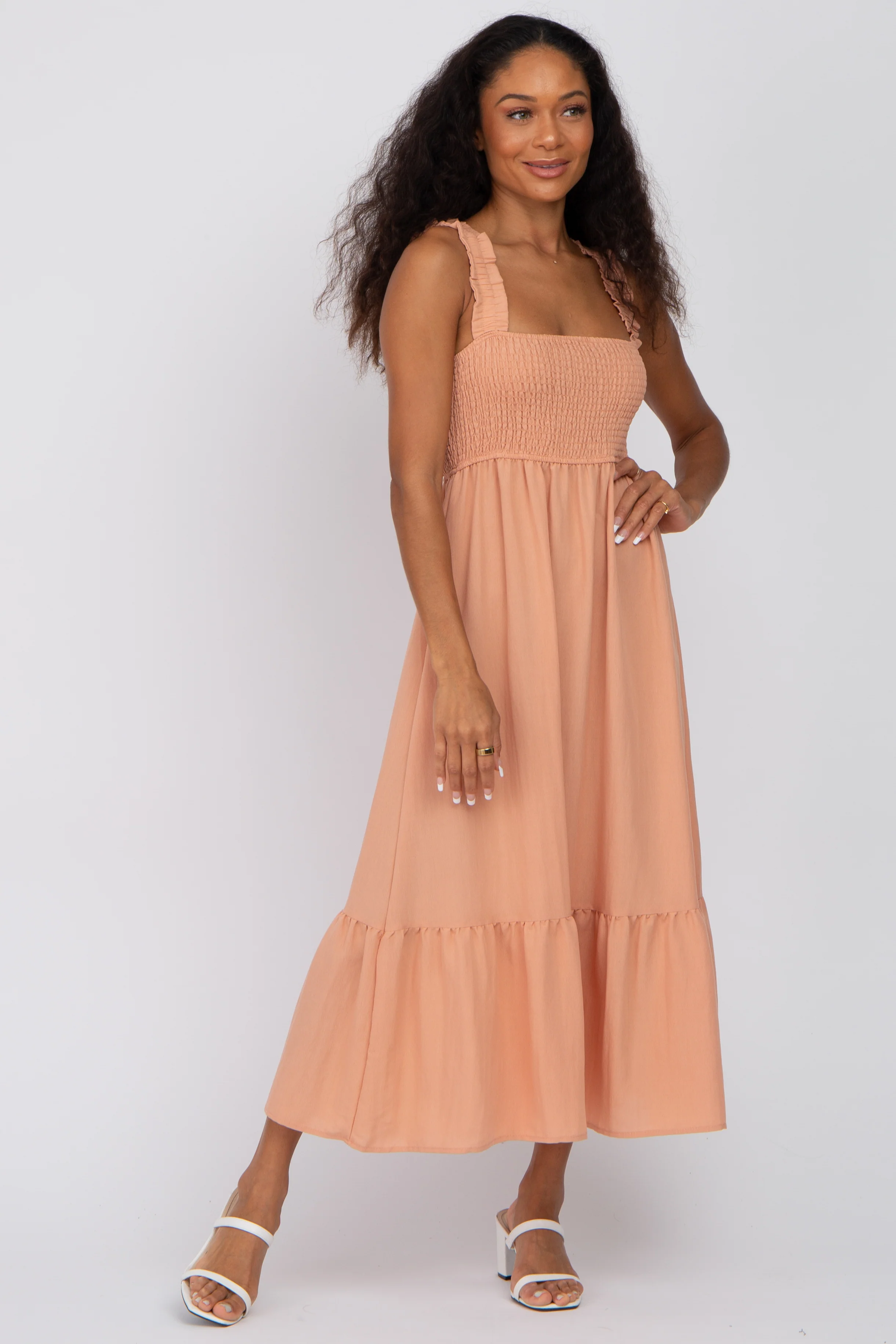 Peach Smocked Maternity Midi Dress - Image 5