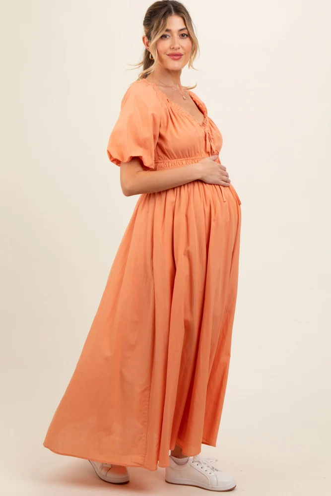 Peach Smocked Puff Sleeve Maternity Maxi Dress - Image 3