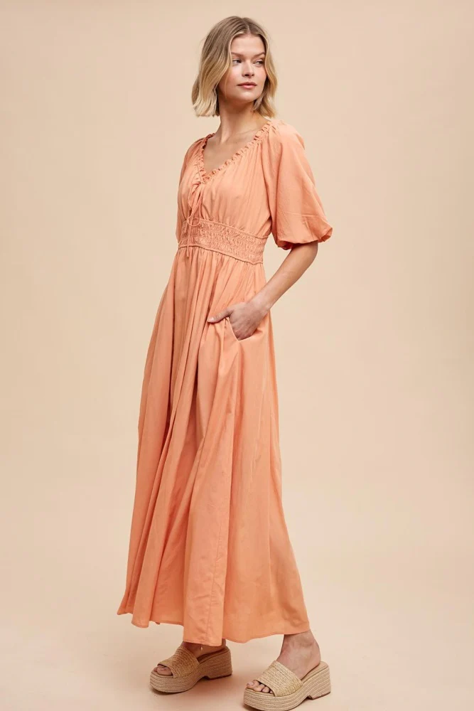 Peach Smocked Puff Sleeve Maternity Maxi Dress - Image 5