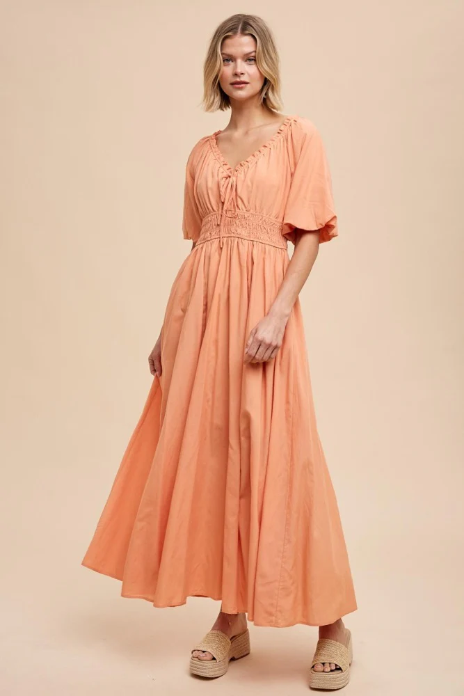 Peach Smocked Puff Sleeve Maxi Dress - Image 2