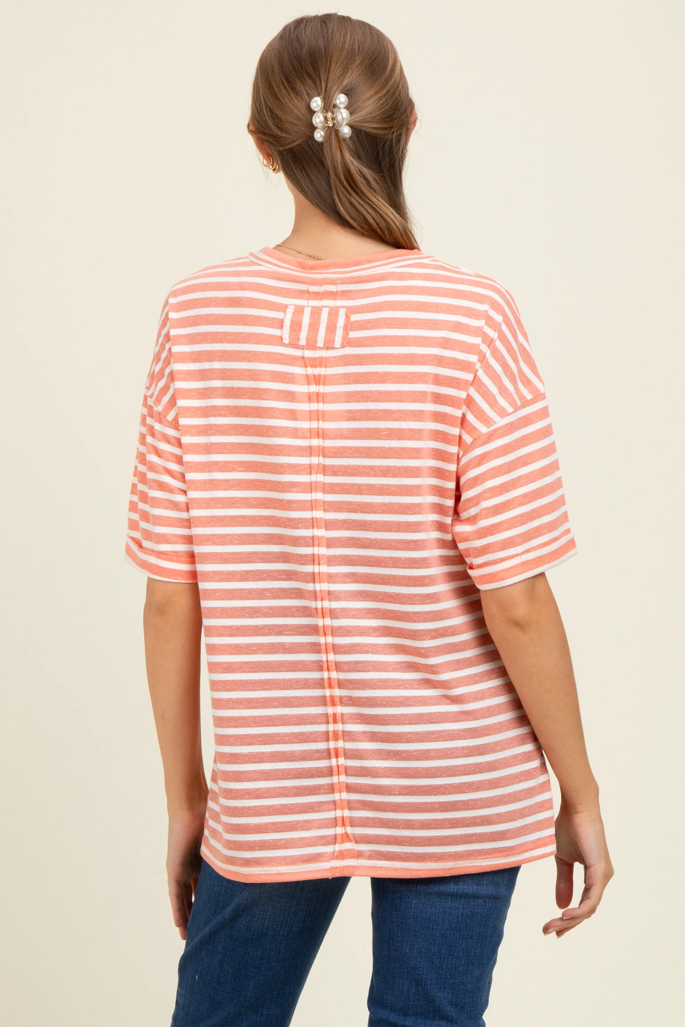 Peach Striped Oversized V-Neck Front Pocket Maternity T-Shirt - Image 3