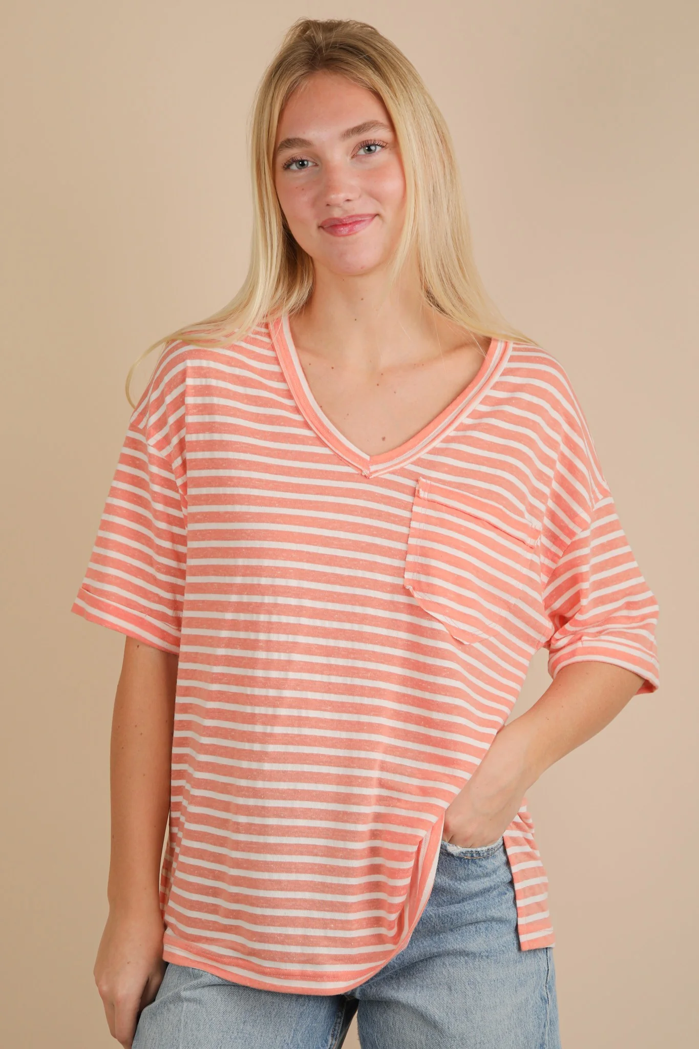 Peach Striped Oversized V-Neck Front Pocket Maternity T-Shirt - Image 4