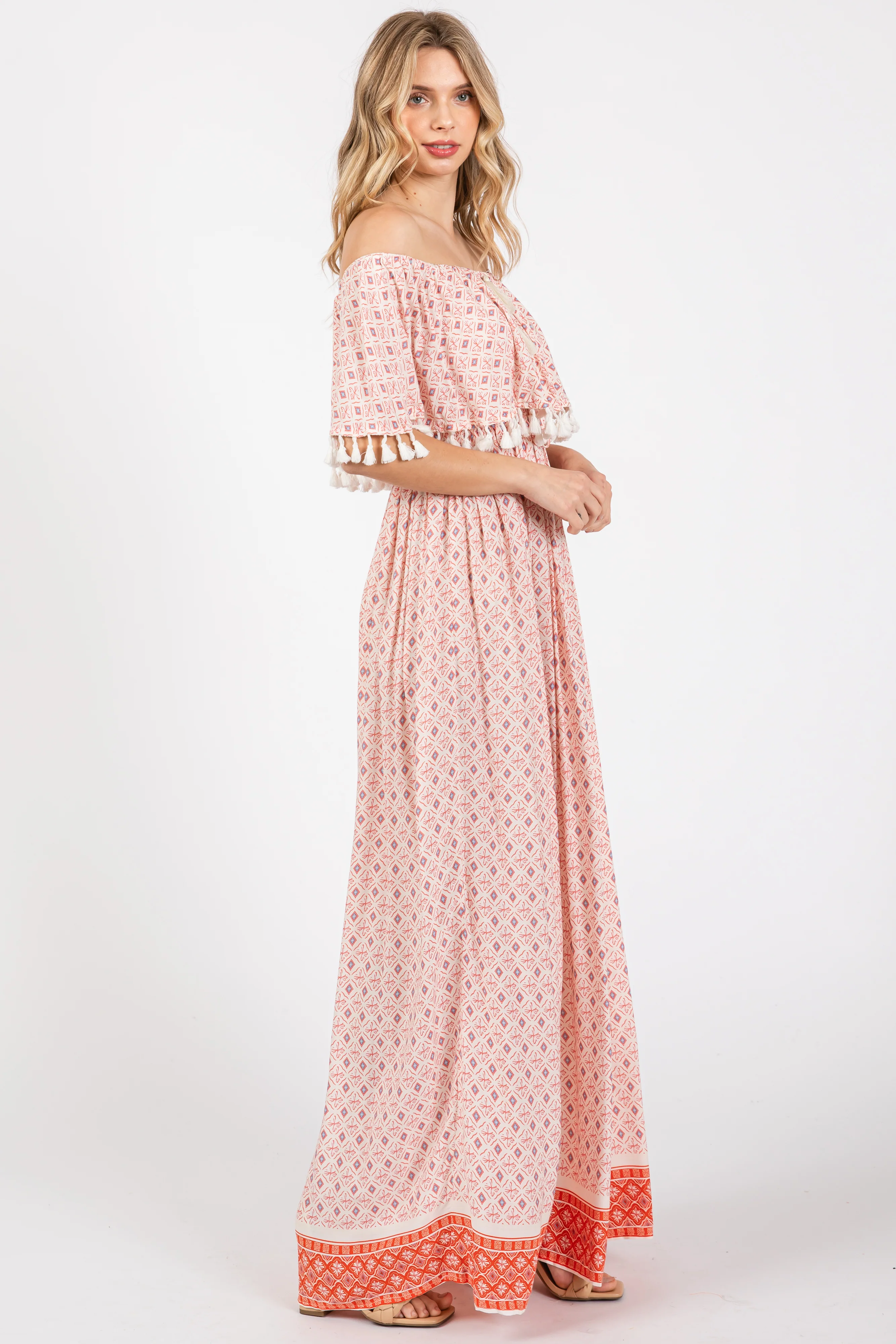 Peach Tile Off Shoulder Tassel Edge Maxi Dress - Image 2