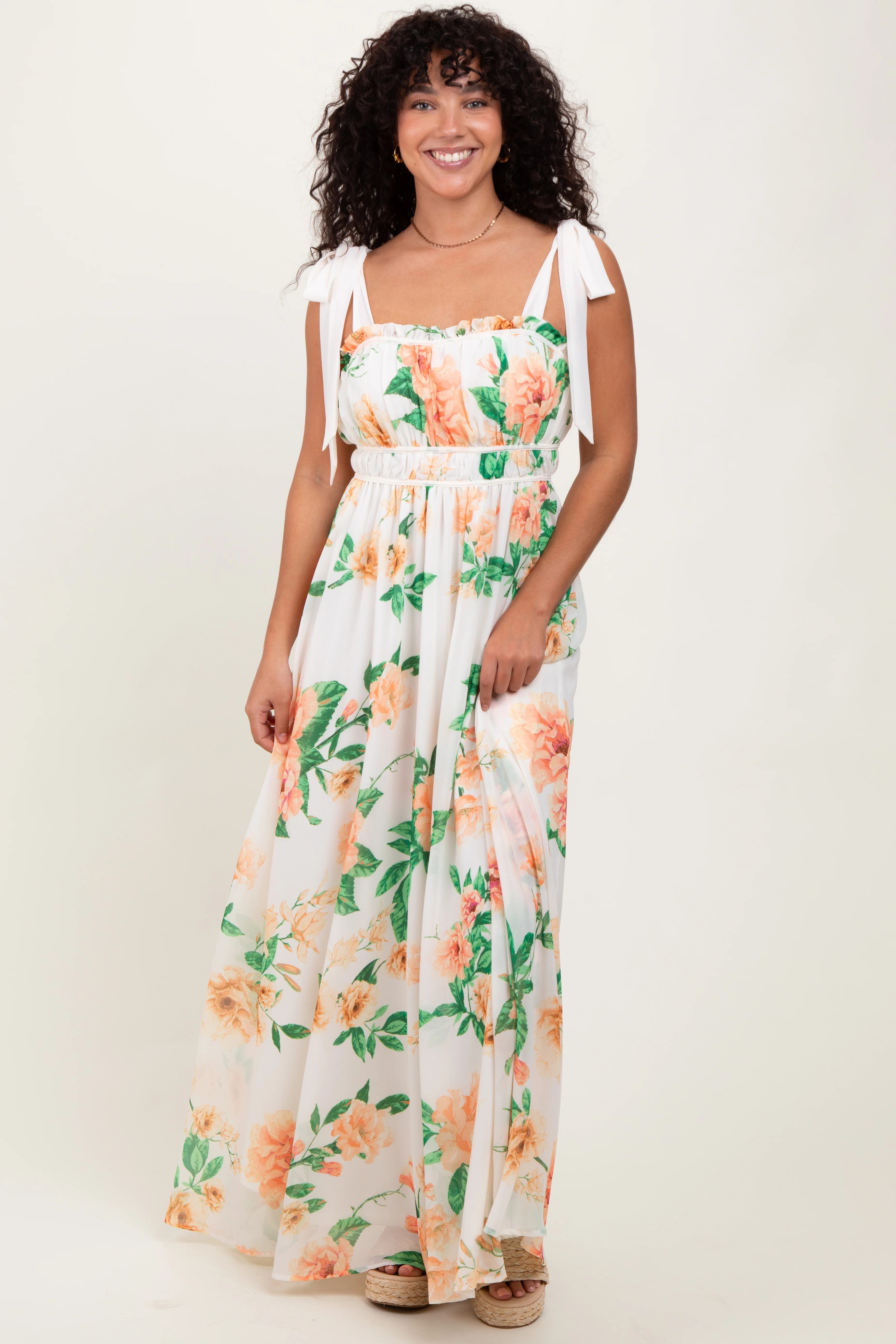 Peach Tropical Floral Shoulder Tie Maternity Maxi Dress - Image 4