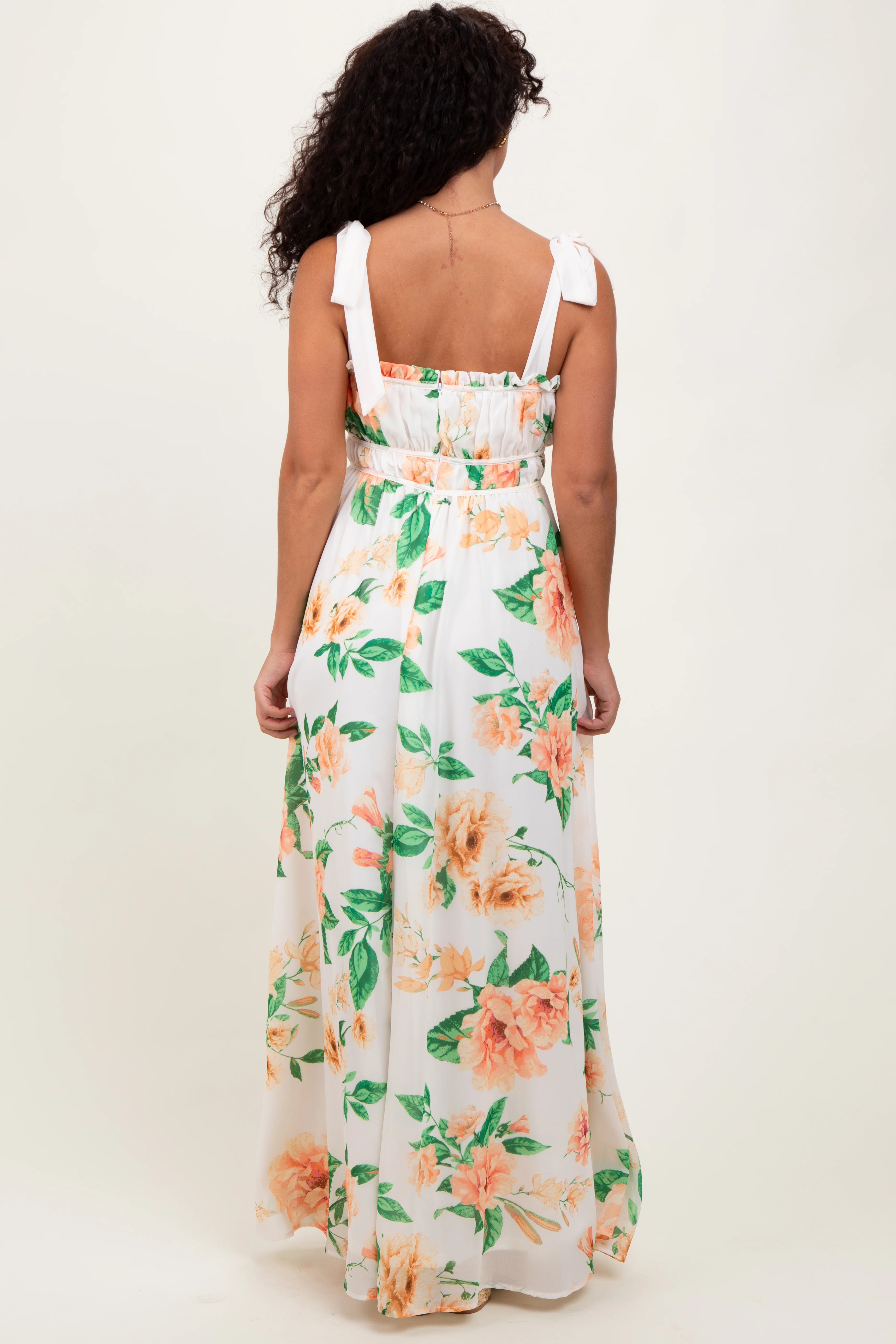 Peach Tropical Floral Shoulder Tie Maxi Dress - Image 4