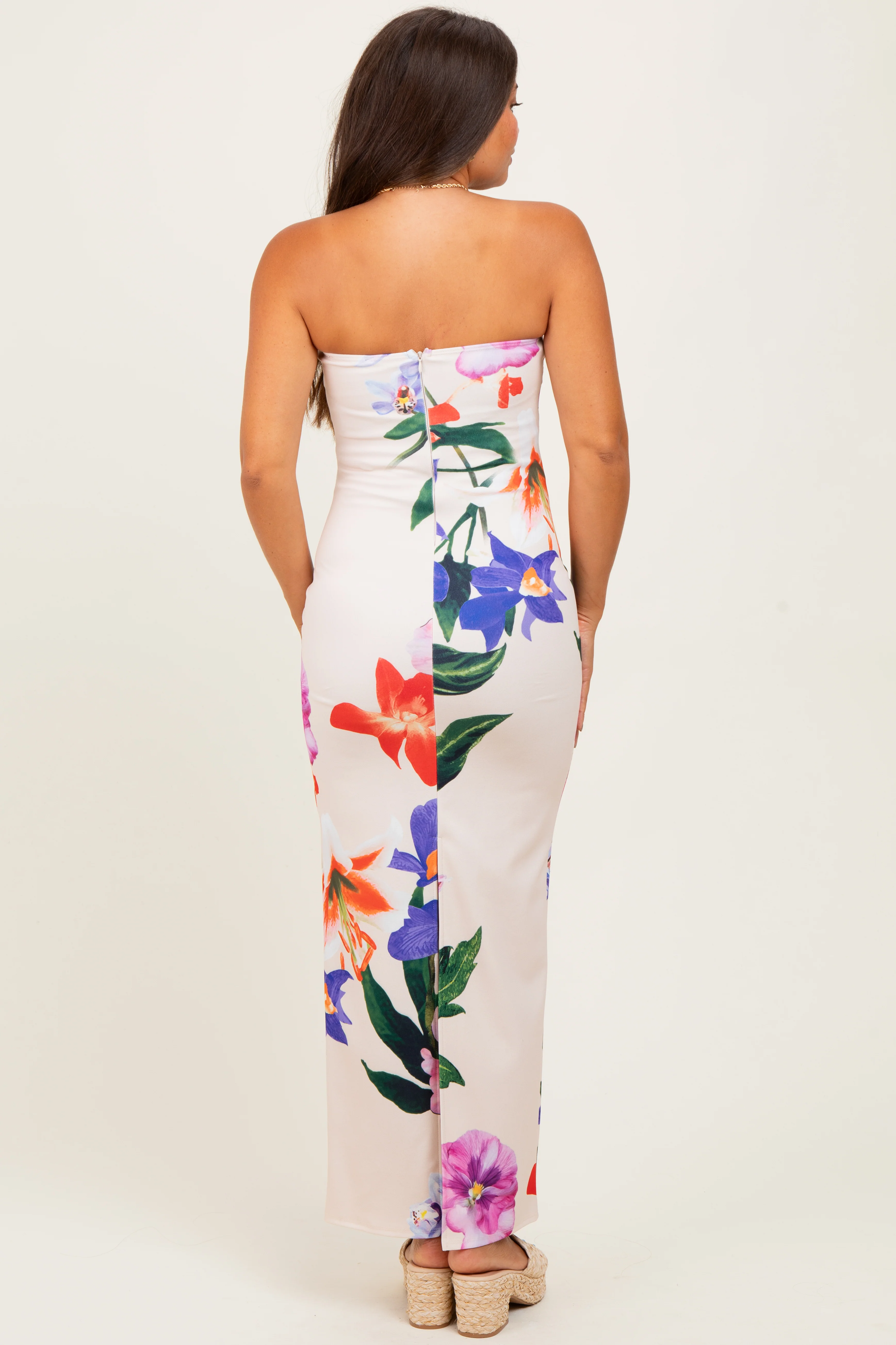 Peach Tropical Floral Strapless Maternity Maxi Dress - Image 4