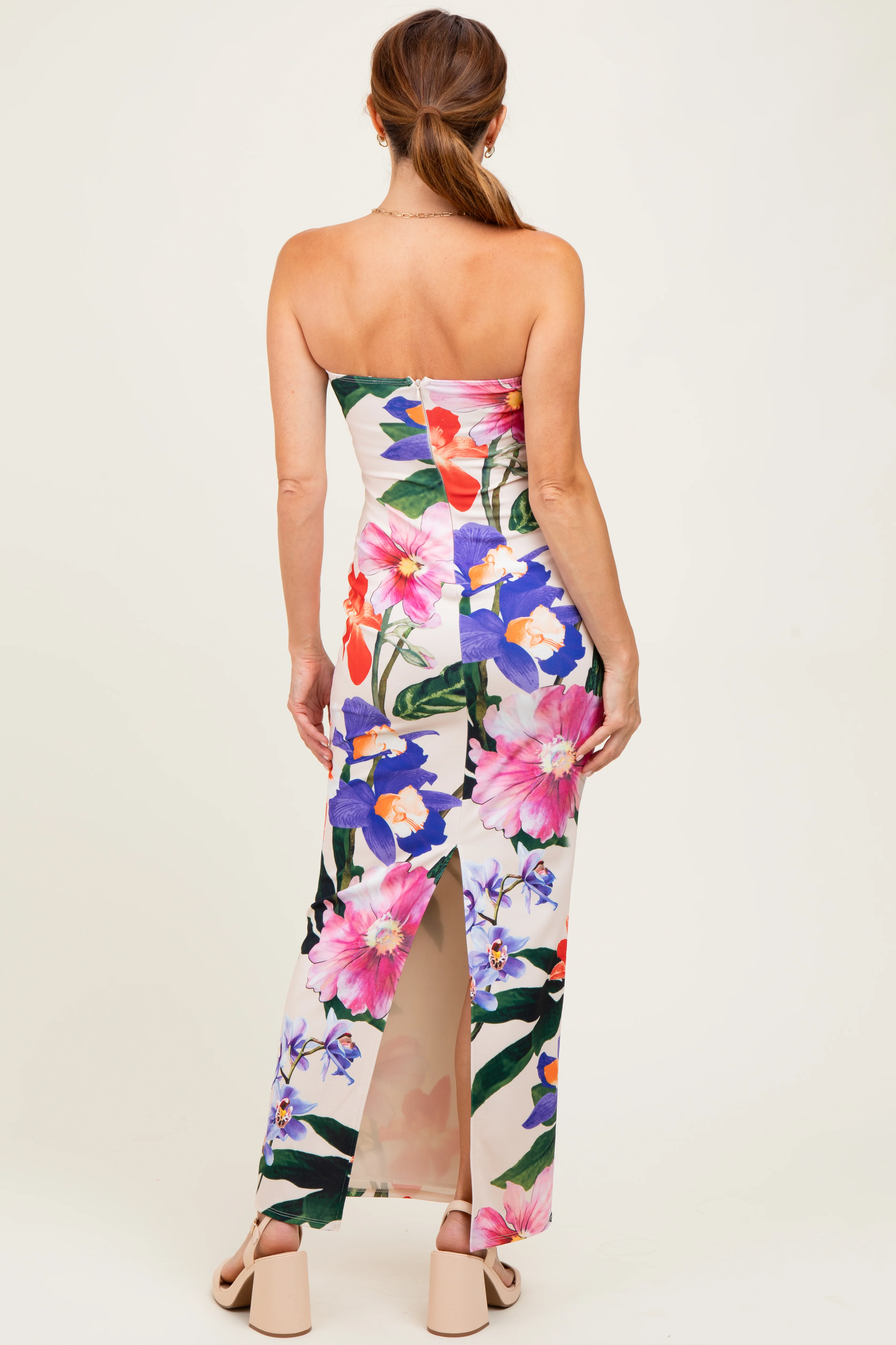 Peach Tropical Floral Strapless Maxi Dress - Image 4