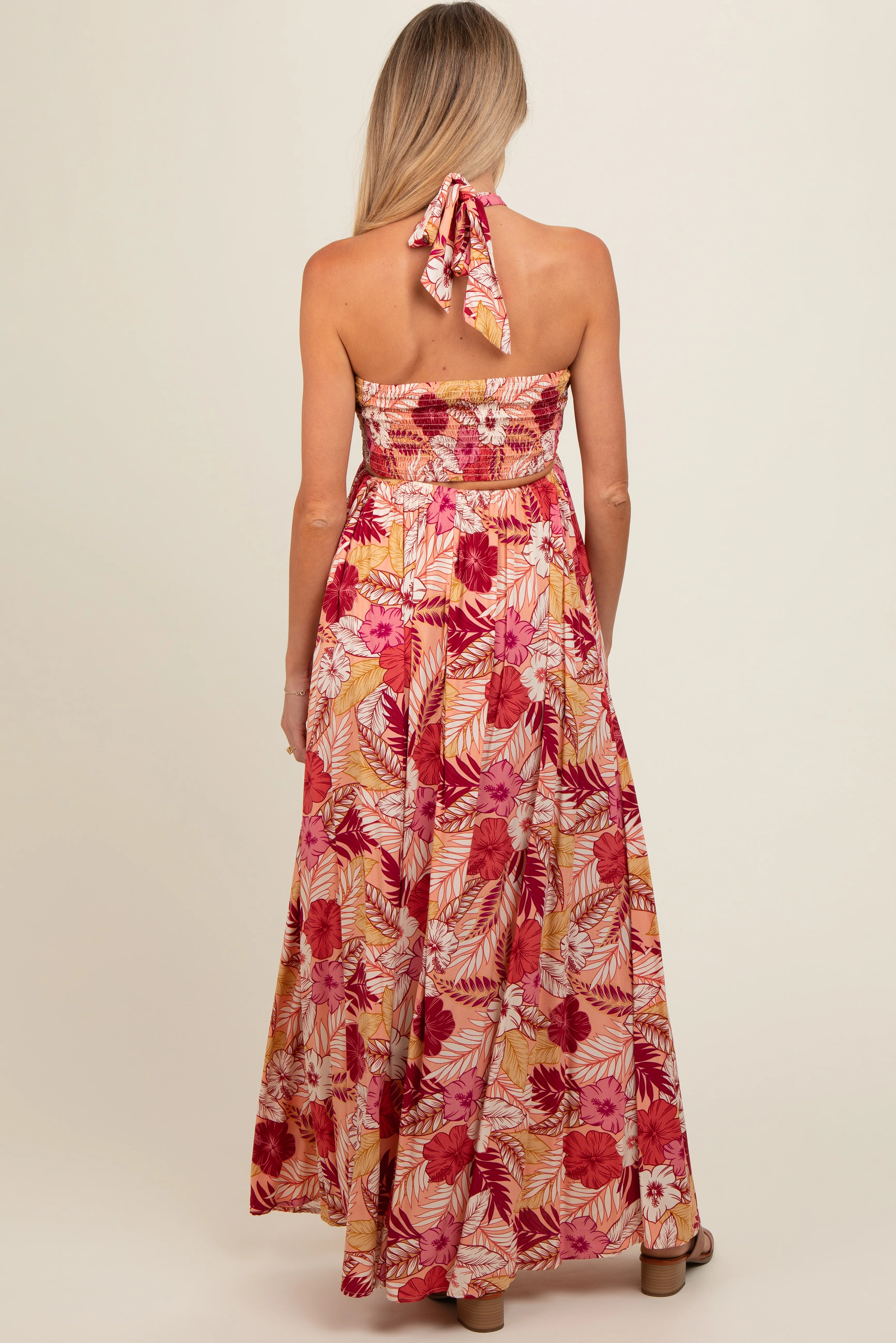 Peach Tropical Print Cutout Halter Neck Maternity Maxi Dress - Image 4