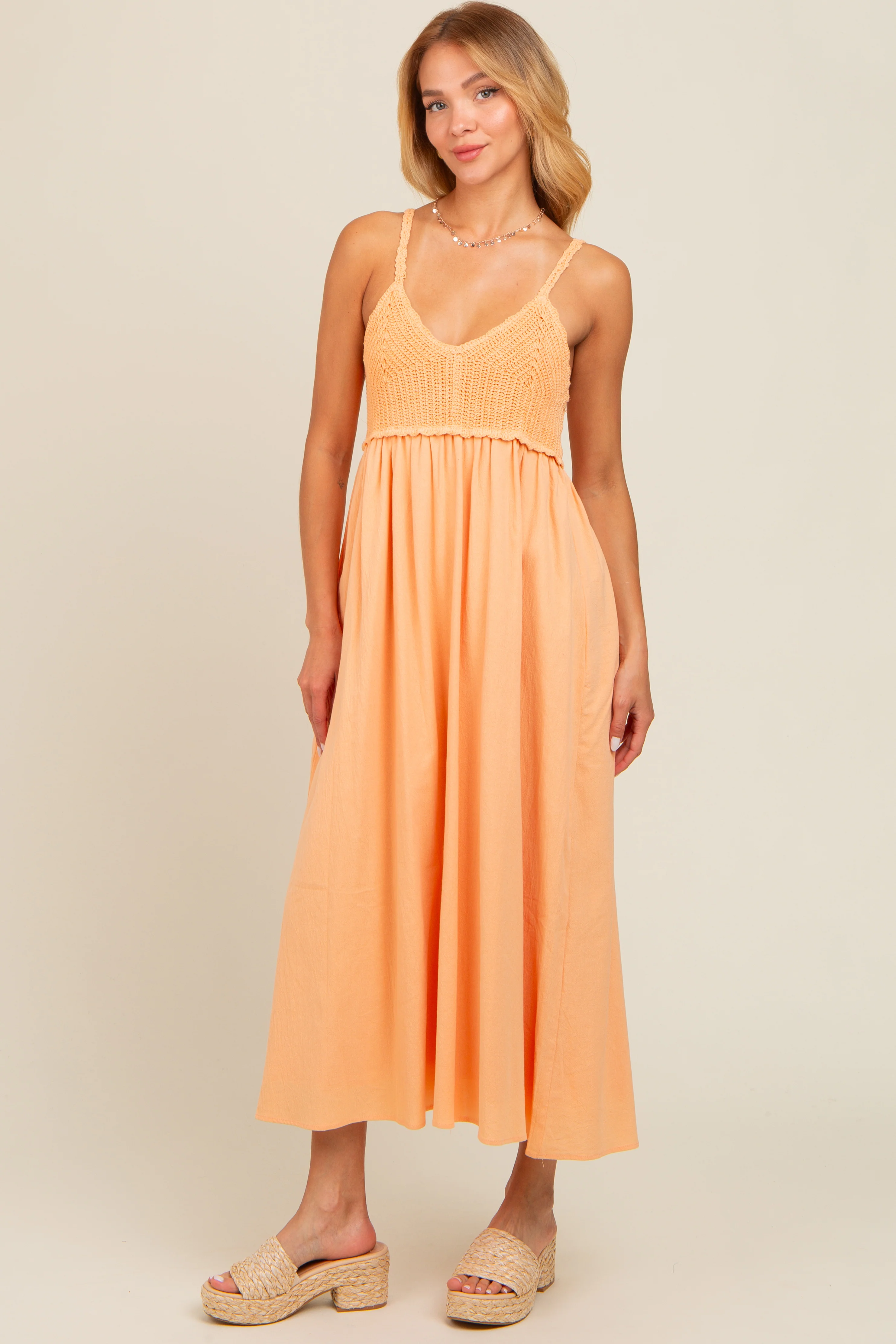 Peach V-Neck Crochet Top Midi Dress - Image 3